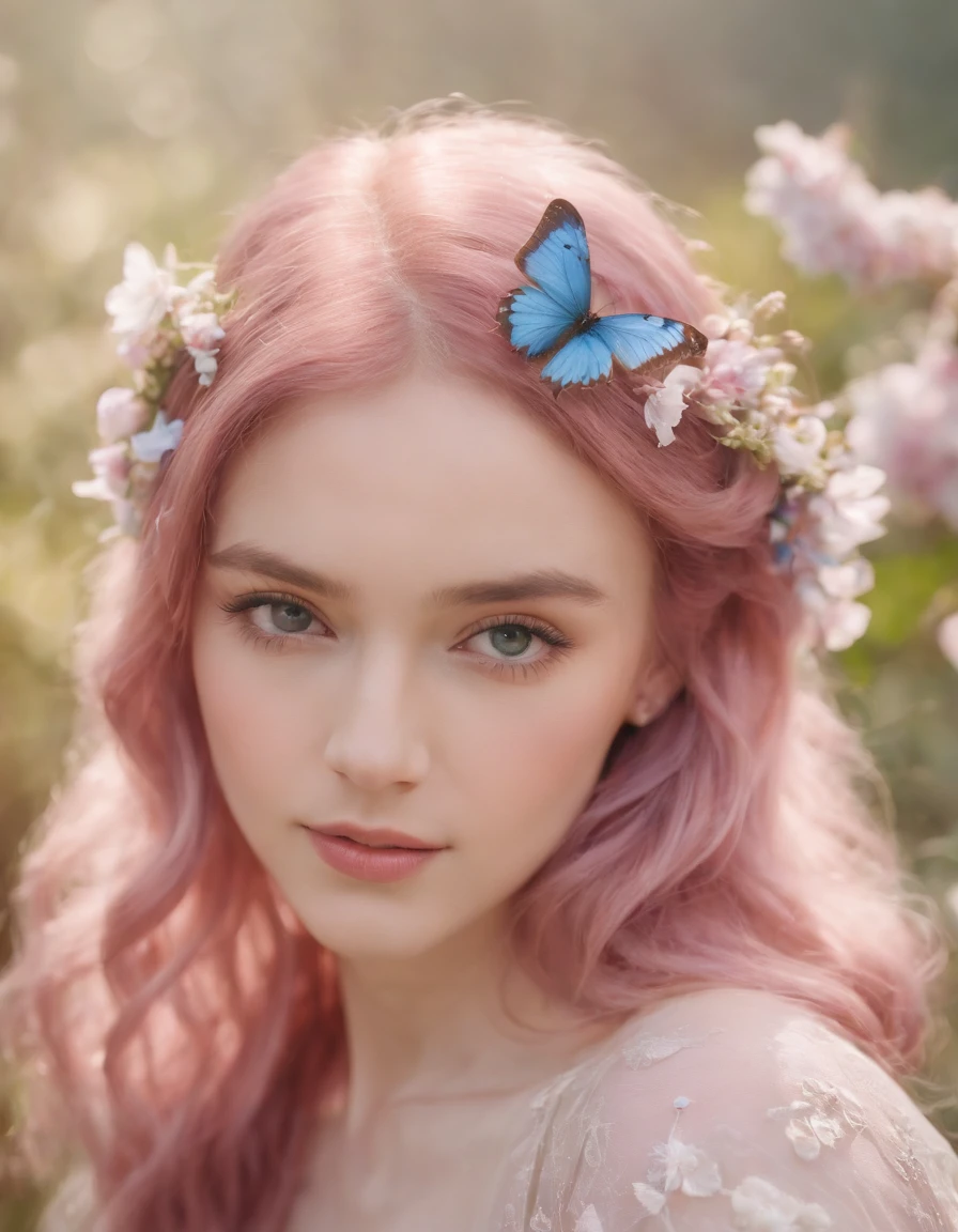 pink color hair and butterfly wings fk yalis kimi iro, in the style of light azure and amber, pre-raphaelite-inspired, playful collage, light violet and light indigo, made of flowers, organic material, painterly style，medium shot
