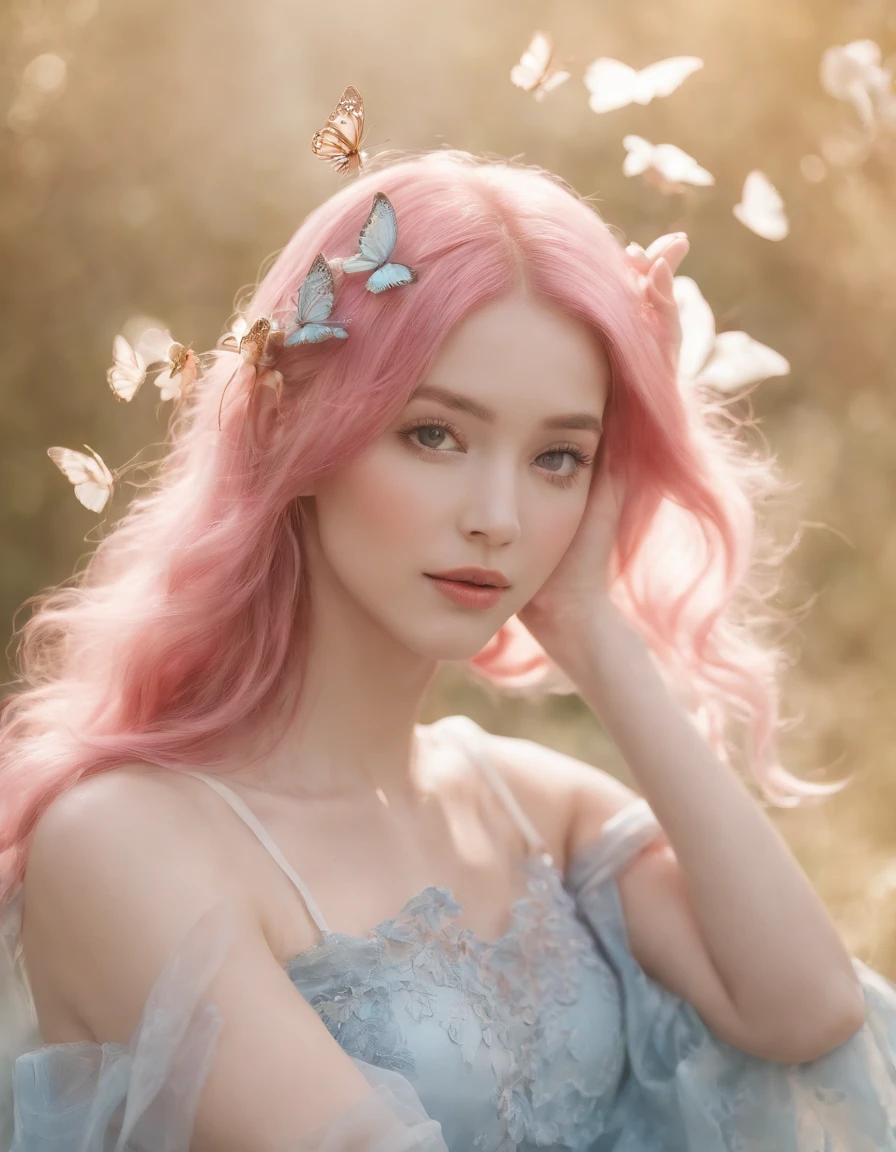 pink color hair and butterfly wings fk yalis kimi iro, in the style of light azure and amber, pre-raphaelite-inspired, playful collage, light violet and light indigo, made of flowers, organic material, painterly style,medium shot
