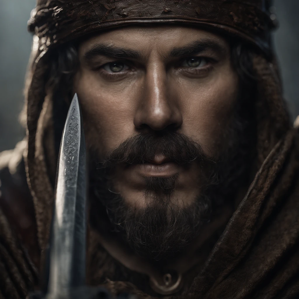 bust of a man with a sword, highly detailed character, high detail iconic character, fantasy assassin, male medieval assassin, holds a sword, bust portrait of an assassin, resin statue, medieval fantasy game art