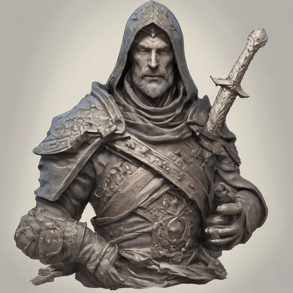 bust of a man with a sword, highly detailed character, high detail iconic character, fantasy assassin, male medieval assassin, holds a sword, bust portrait of an assassin, resin statue, medieval fantasy game art