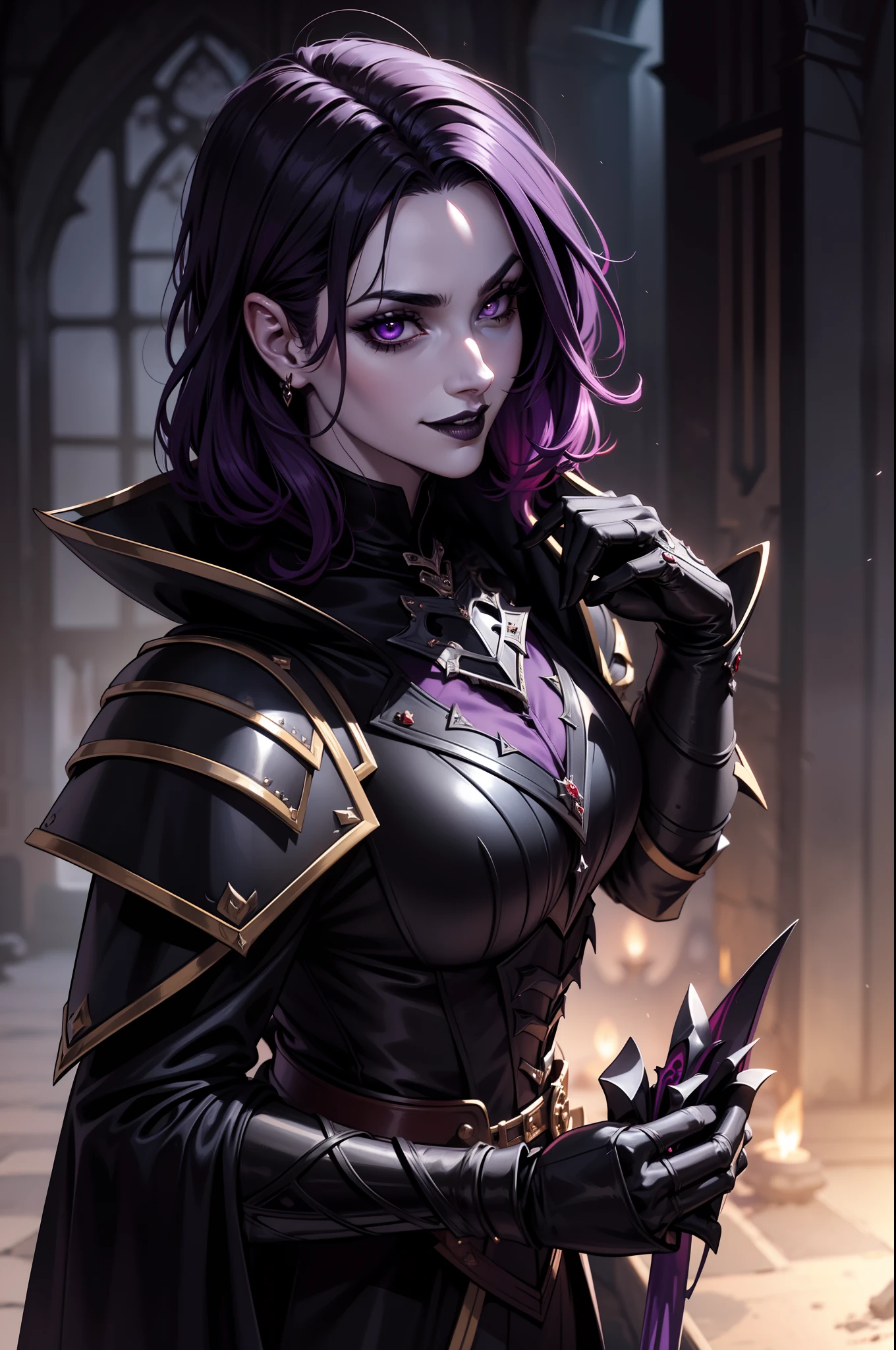 An adult vampire wizard character wearing a very detailed and beautiful gothic armor. Your hair with cut in short style, black lip color, purple eye color;, manto, capuz, caminhando, 8k, Magnificent, Black and crimson Gothic armor, capuz, 8k, magnificent smiling mischievously