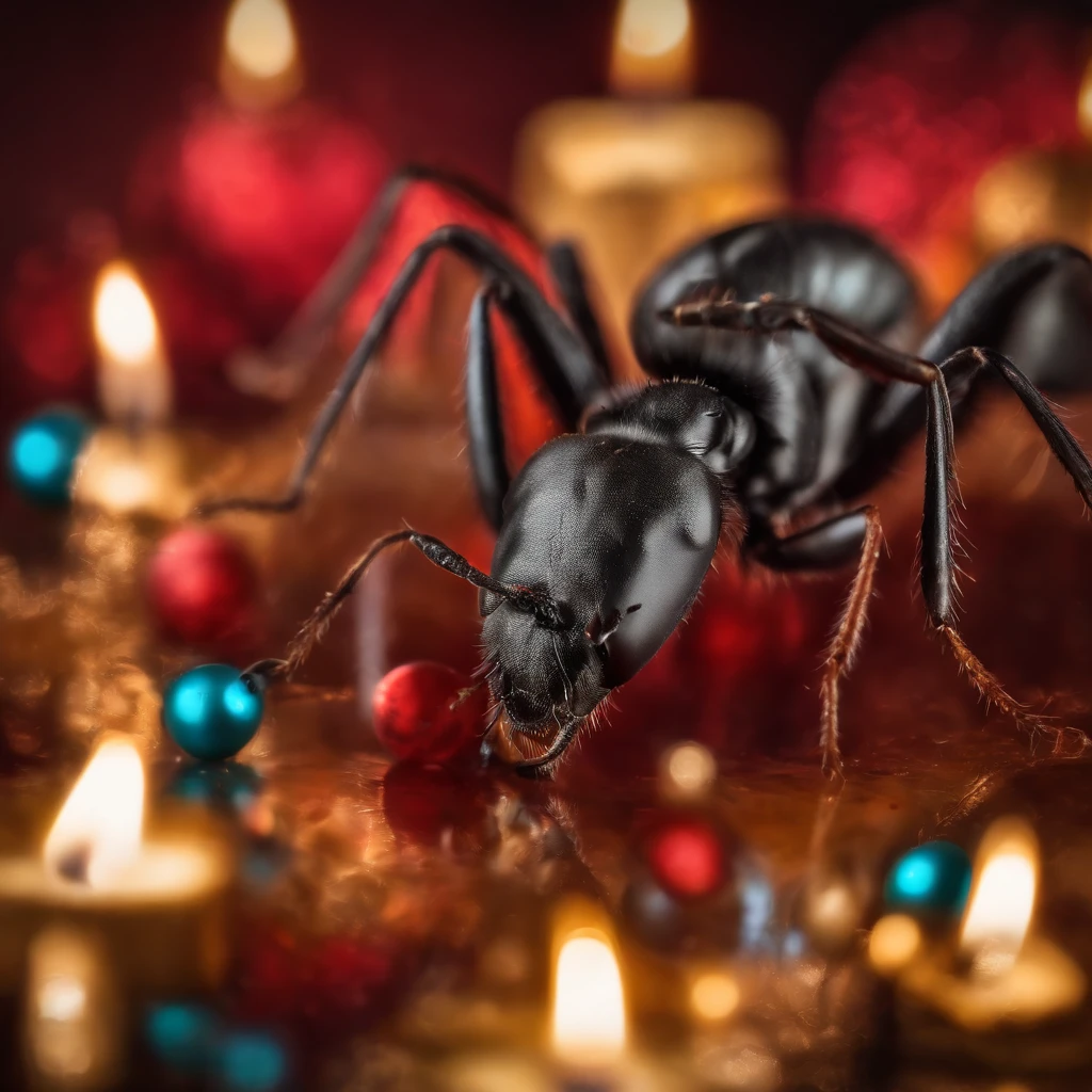 an ant surrounded with many gifts in shiny Christmas with colorful light