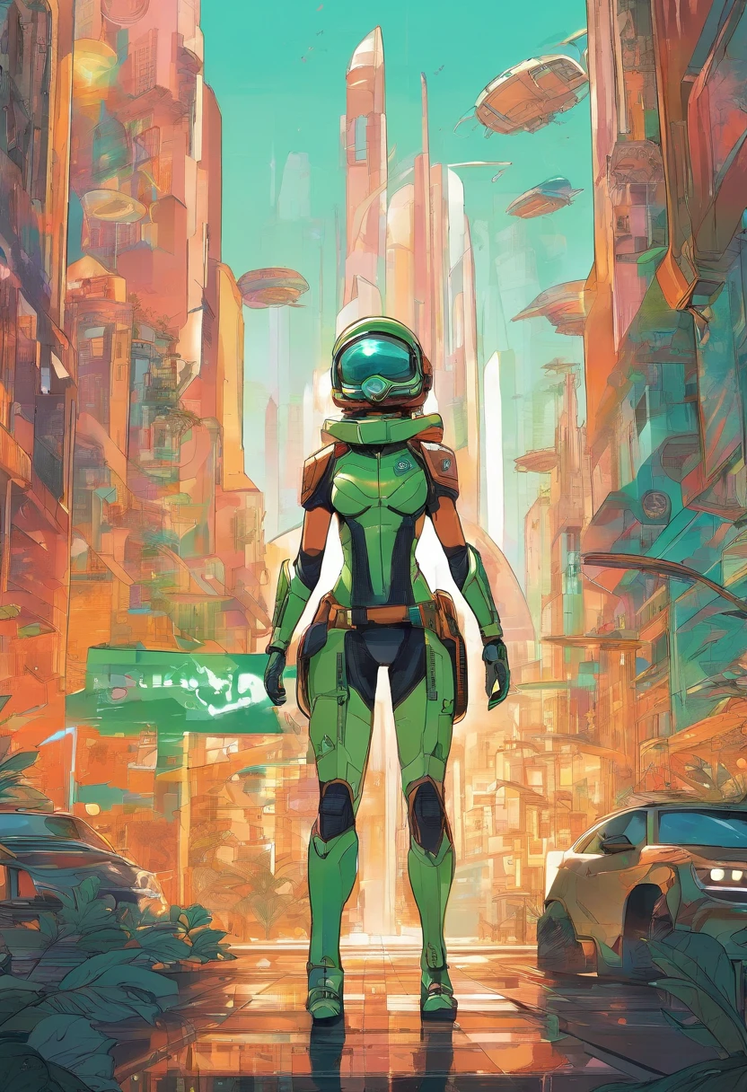 Generate a cartoon caricature image of a solarpunk-inspired eco-street guardian knight in a lush, vibrant metropolis. The guardian is a strong and determined Syrian woman with hair tied into a bun, wearing futuristic, lightweight solar-powered armor with a golden sheen. A star-shaped crest is visible on her chest. A jetpack on her back and thrusters on her gloves allowing her to fly. Her face is uncovered, radiating determination as she patrols the eco-friendly streets. The cityscape around her is a thriving, green paradise, with advanced solar technology seamlessly integrated into the architecture. This guardian symbolizes sustainability and protection in this utopian urban setting. wide angle shot, whole body