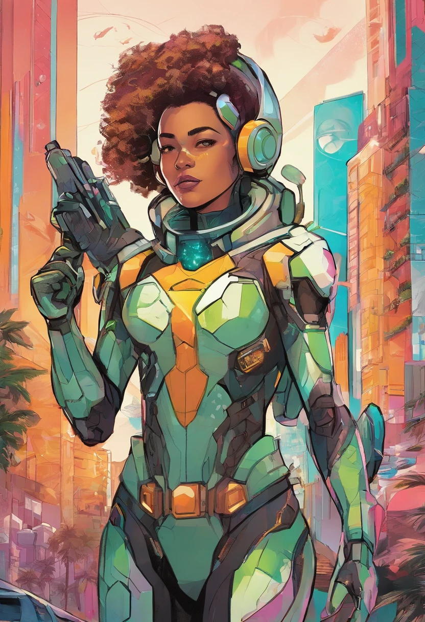 Generate a cartoon caricature image of a solarpunk-inspired eco-street guardian knight in a lush, vibrant metropolis. The guardian is a strong and determined Syrian woman with hair tied into a bun, wearing futuristic, lightweight solar-powered armor with a golden sheen. A star-shaped crest is visible on her chest. A jetpack on her back and thrusters on her gloves allowing her to fly. Her face is uncovered, radiating determination as she patrols the eco-friendly streets. The cityscape around her is a thriving, green paradise, with advanced solar technology seamlessly integrated into the architecture. This guardian symbolizes sustainability and protection in this utopian urban setting. wide angle shot, whole body
