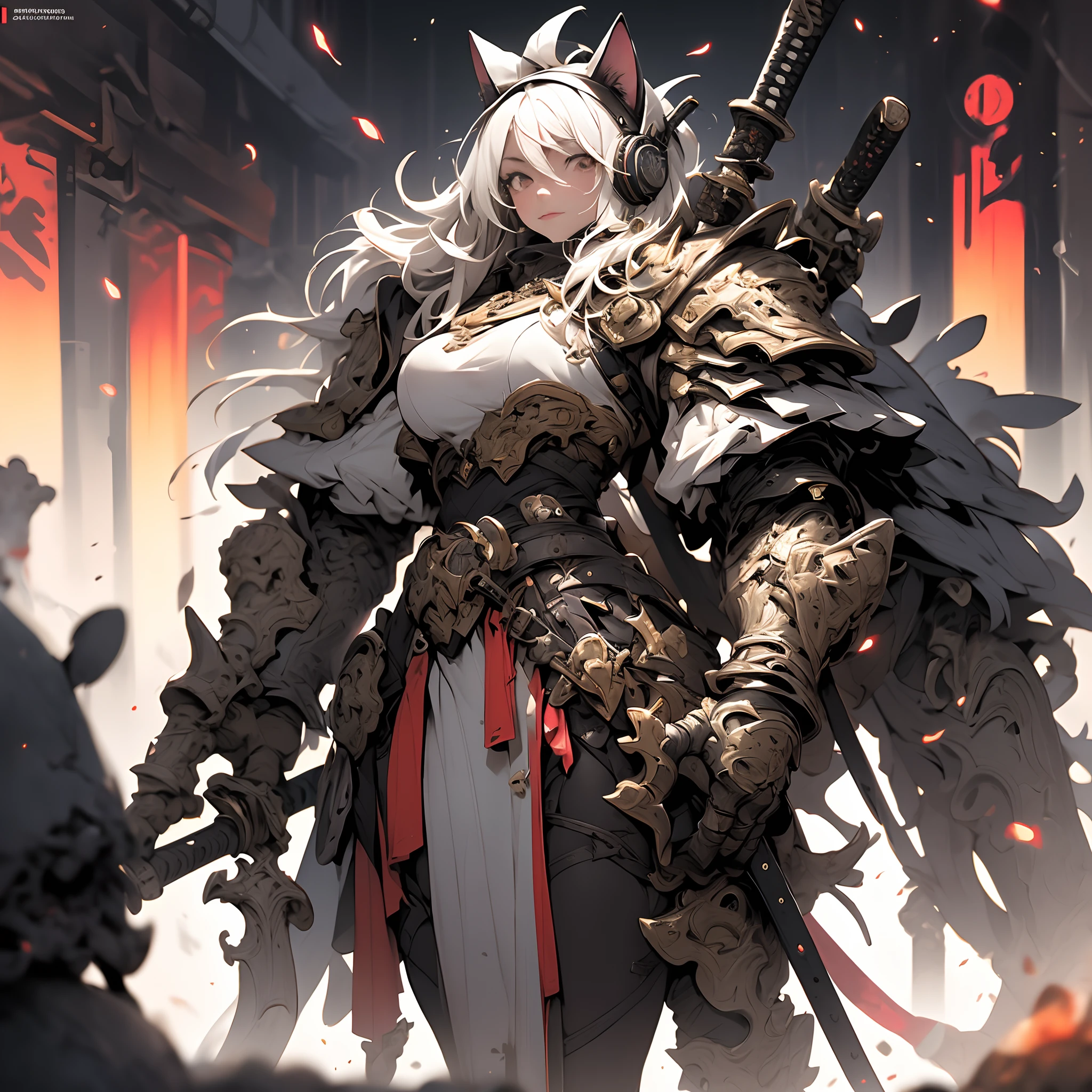Create an AI illustration of a ridiculous young girl with long hair, hime-cut, White and black hair, two tone color hair, Beautiful detailed hair, Black eyes,cat_Year headphones. She was like a samurai, Standing on the battlefield with a magazine. She wears armor, But pair it with a miniskirt,Black platform shoes show off their unique style. Please generate illustrations in the highest possible quality.Pronounced muscles，fluffy ears