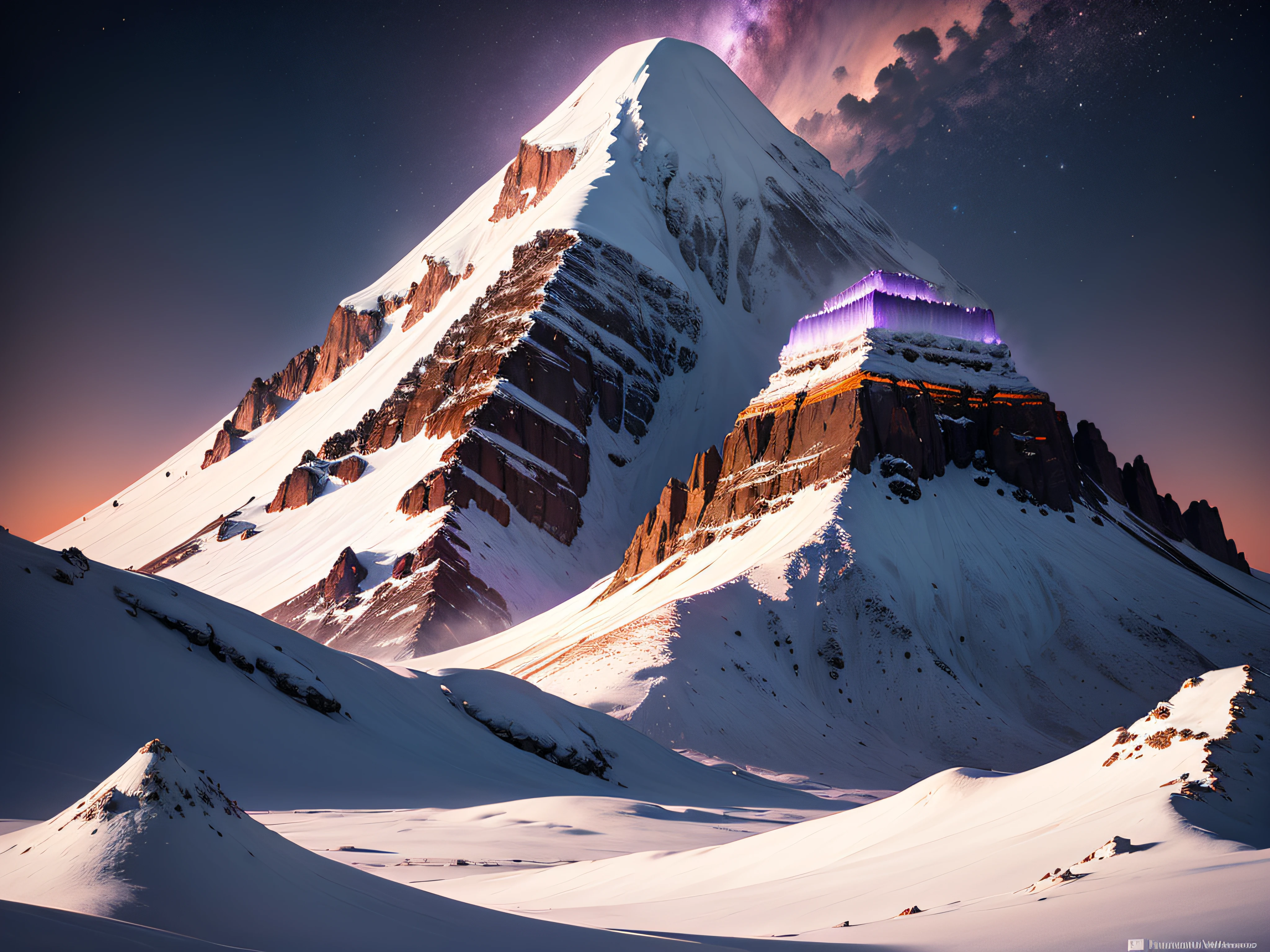 A majestic snow-capped volcano rises against a vibrant orange and purple sky, casting a tranquil glow over a frozen landscape, serene and captivating, with soft snowflakes dancing in the air, Ansel Adams black and white style, HDR processing, by National Geographic's Steve Winter