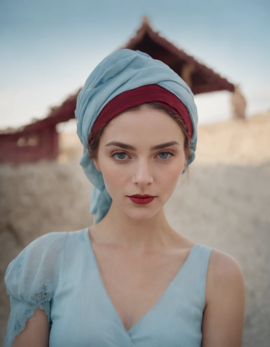 young woman in hat wearing a shirt over her head, in the style of light sky-blue and dark red, fujifilm pro 400h, kintsugi, alex colville, uhd image, troubadour style, fauvist portraiture (medium shot)