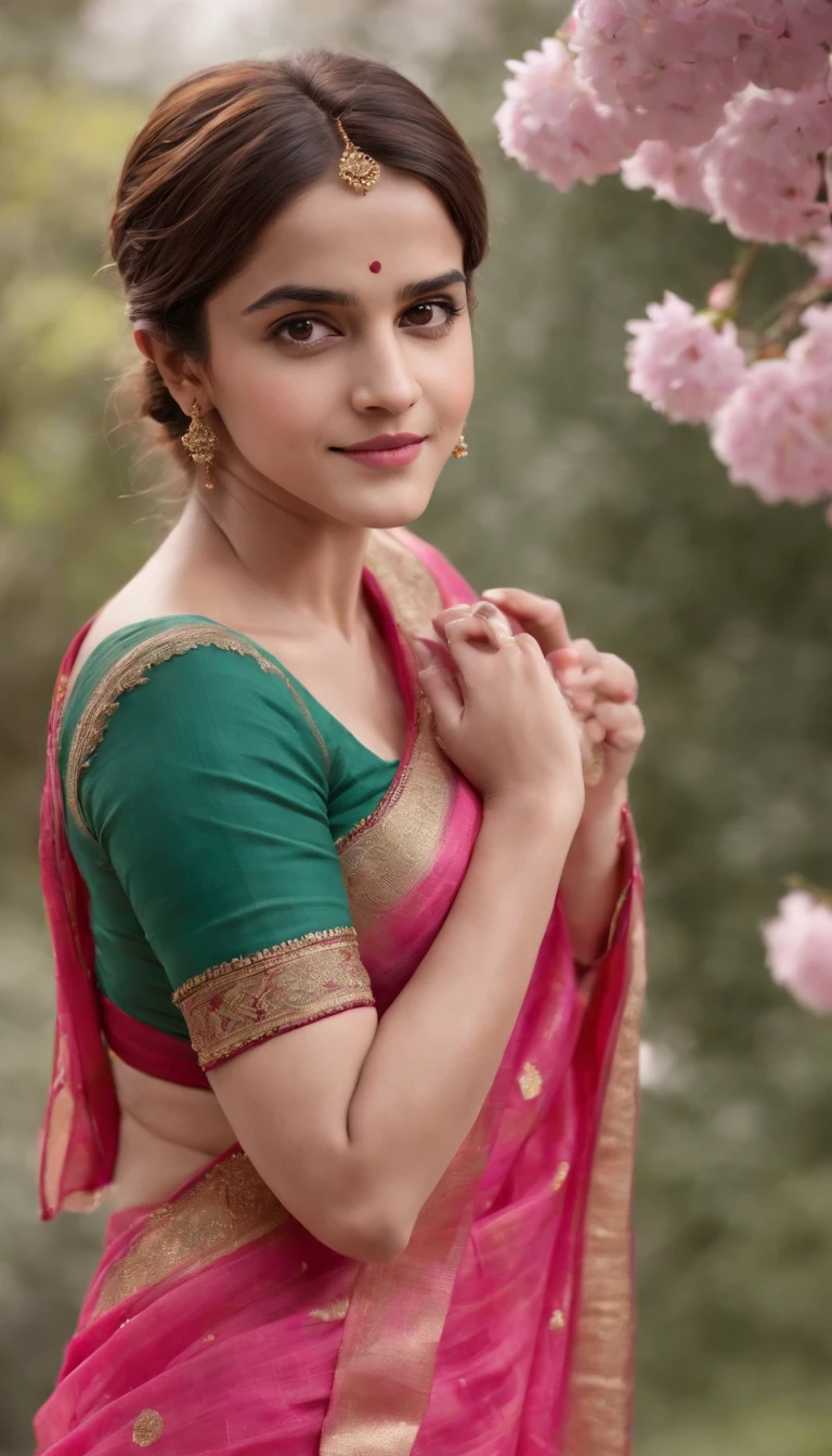 (best quality,4k,8k,highres,masterpiece:1.2),ultra-detailed,(realistic,photorealistic,photo-realistic:1.37),Emma Watson in Indian Pink Saree,cute smile,shyness,extremely detailed face and eyes,beautiful detailed lips,soft and smooth light,detailed hands with long slim fingers,detailed costume with intricate patterns,full body view,traditional Indian garden as the background,vibrant colors,HDR lighting,peaceful ambiance,traditional art style,graceful poses,glimmering sakura petals in the air