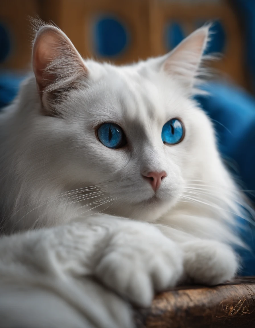 ANIMAL GATA NA COR BRANCA,ESTATURA MEDIANA COM OLHO AZUL