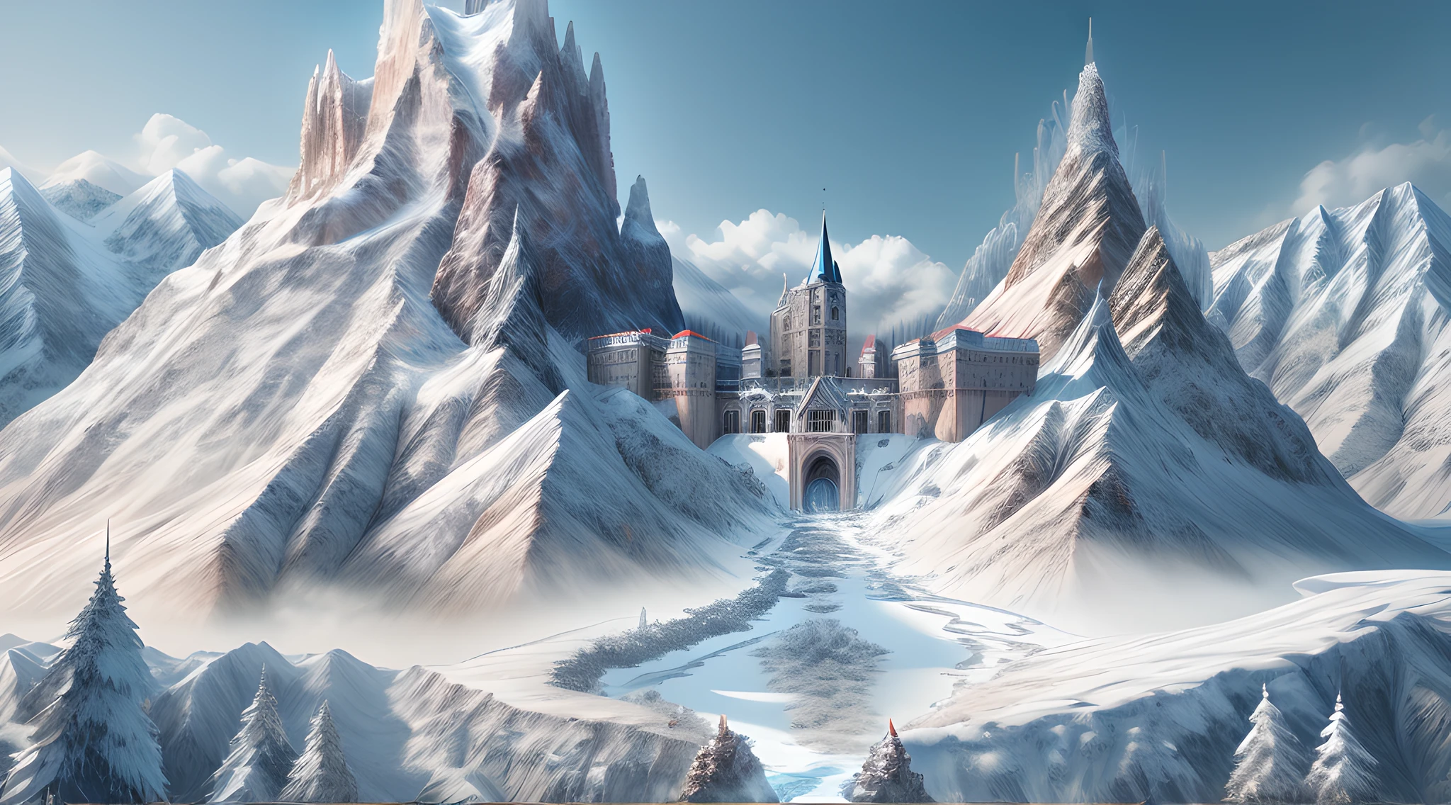 a panoramic illustration of a castle made from ice standing on the peak of a snowy mountain, an impressive best detailed castle made from ice (masterpiece, extremely detailed, best quality), with towers, bridges, a moat filled with water, standing on top of a snowy mountain (masterpiece, extremely detailed, best quality), with pine trees, daylight, sun rays, some clouds in the air,  alpine mountain range background, best realistic, best details, best quality, 16k, [ultra detailed], masterpiece, best quality, (extremely detailed), ultra wide shot, photorealism, depth of field,