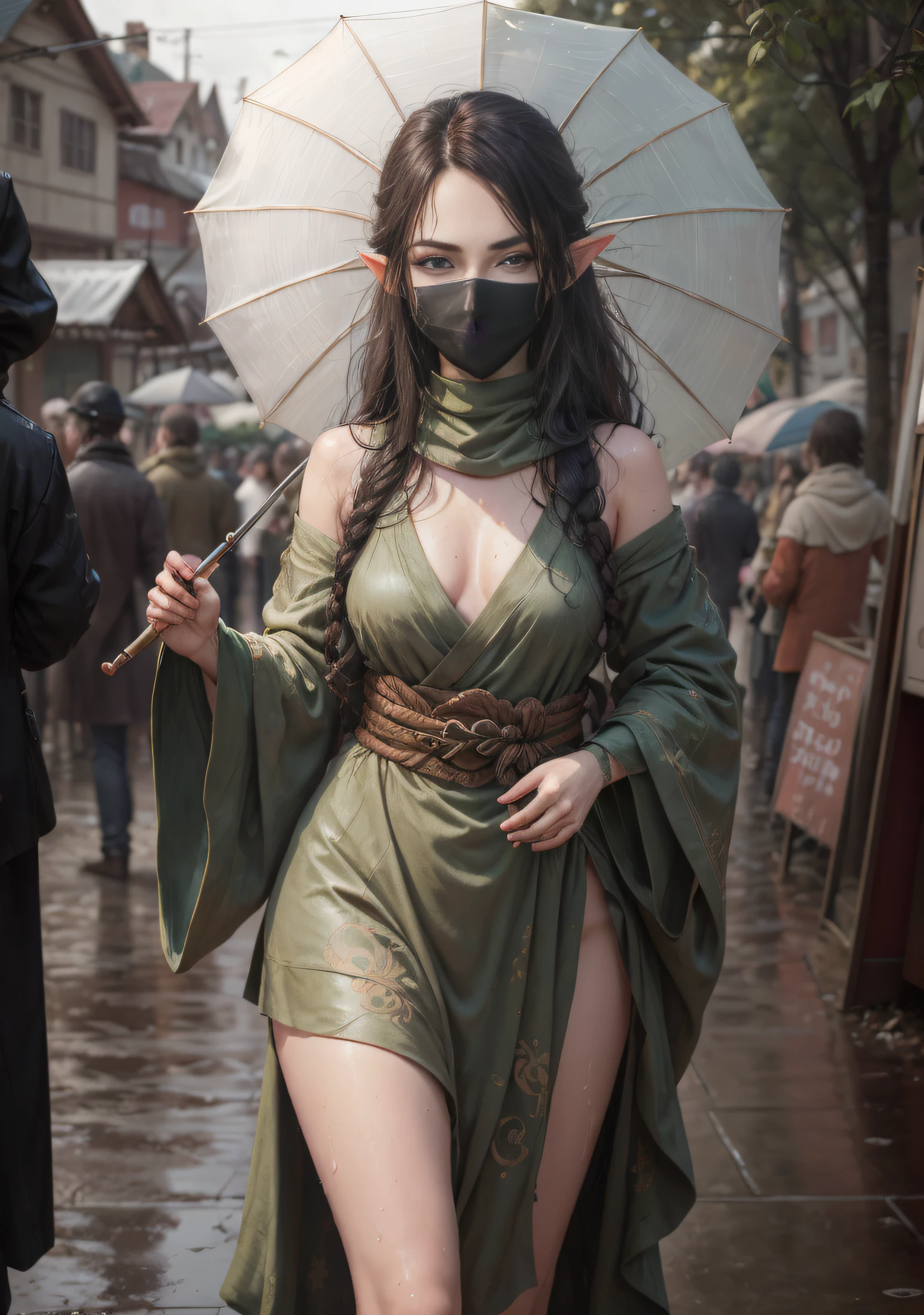 The elf stands and looks at the camera, holding an umbrella in his hand;, A girl stands at a fair in the rain, blue eyes and dark hair, pony tail, face mask, wet clothing, dark sky, Thin, Wet waist, Slender figure, Appearance of the model, confusion, sexuality, pixie, elf ears, Beautiful ears, green colored eyes, little chest, wet clothing, (Clothes shine through), (visible through clothes), Elf Girl, Sweet girl, attractive anime girl, beautiful anime girl, Cute beautiful anime woman, detailed digital anime art, beautiful anime girl, beautiful anime girl, Anime with small details, Best Quality, Masterpiece, Ultra-detailed, Beautiful, hight resolution, Original,CG 8K ультрареалистичный, perfect artwork, beatiful face, Face Clean, Skin, hyper realistic, Ultra Detailed, A detailed eye, dramatic  lighting, (Realistic) Realistic, Full HD, Best Quality, Best Quality, Beautiful lighting, (8k wallpaper of extremely detailed CG unit), High Details, sharp-focus, The art of dramatic and photorealistic painting, beautiful smile, You can see the chest, naked breasts, naked ass,