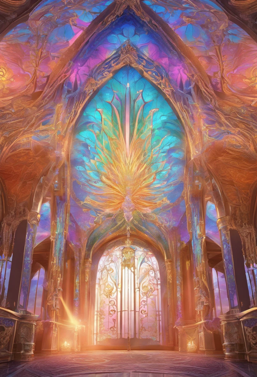 Virtual Scene Design, Rainbow Gradient Galvanized Fiberglass,Surreal visual representation,majestic architecture,Unique,Convoluted,exquisitedetails,(blender,OC rendering,Natural light,God's Ray Trace,8K),The Glory of God,The Glory of God,celestial realm,Heaven,God bless