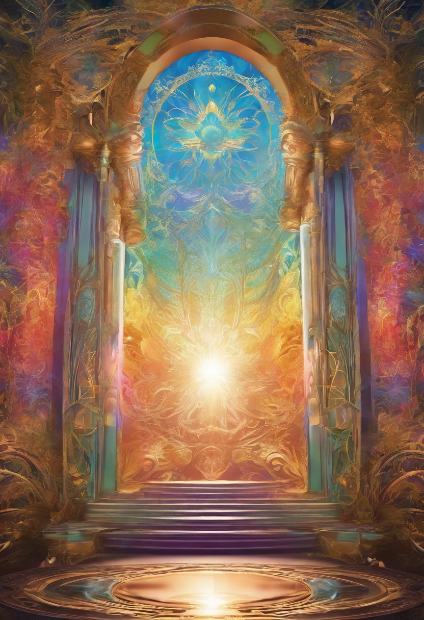 Virtual Scene Design, Rainbow Gradient Galvanized Fiberglass,Surreal visual representation,majestic architecture,Unique,Convoluted,exquisitedetails,(blender,OC rendering,Natural light,God's Ray Trace,8K),The Glory of God,The Glory of God,celestial realm,Heaven,God bless