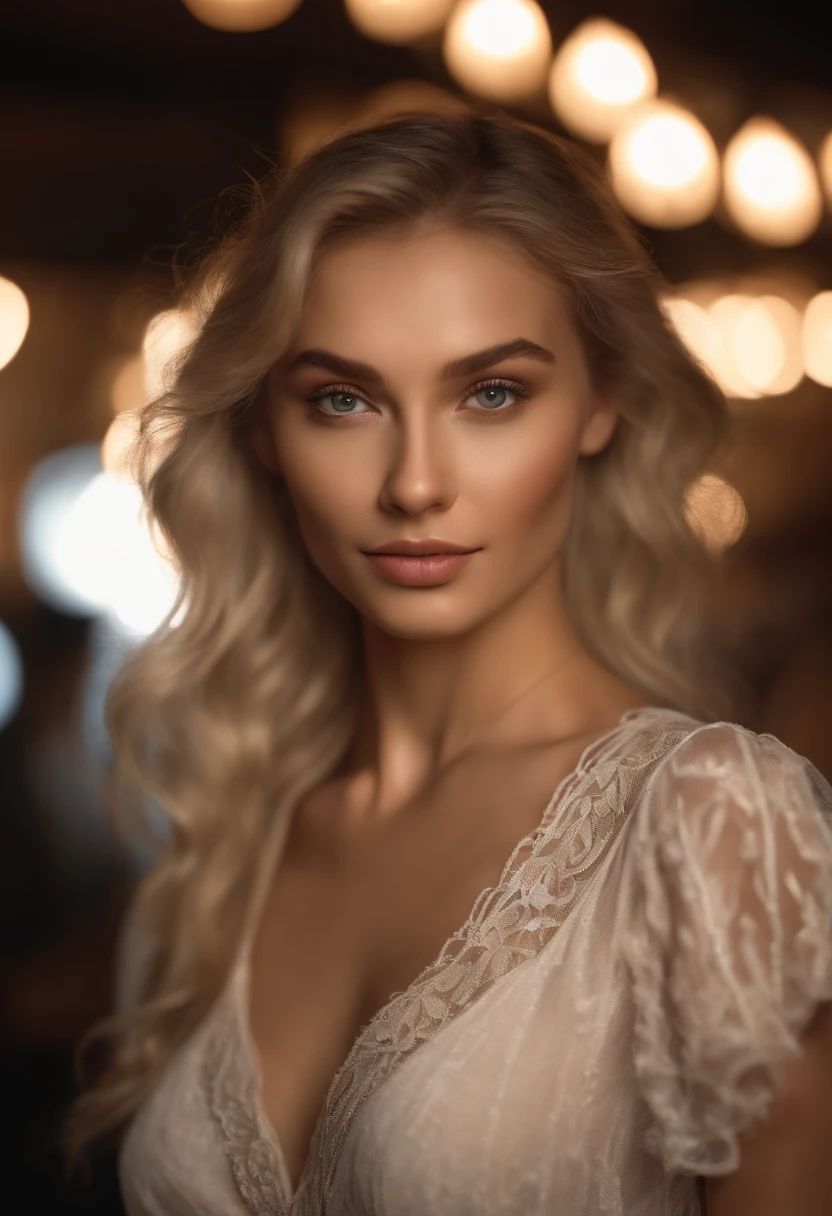 RAW, analog, Nikon Z 85mm,((best quality)), ((masterpiece)), ((realistic)),far fromthe camera image, gorgeous russian woman, blond, 18 year old, posing in a club, wearing lingerie petite, smile with teeth showing, ((small breasts)), intricate details, highly detailed, sharp focus, professional, 4k, god rays, hand model, stunning brown eyes, petite,strong chin big ramus dnot defined jawline  huge strong cheekbones highset cheekbones big eyes. great face projection highres, detailed facial features, high detail, sharp focus, smooth, extremely detailed, photo_\(ultra\), photorealistic, realistic, post-processing, max detail, roughness, real life, ultra realistic, photorealism, 8k uhd, SEMI-SILHOUETTE light, slavic face, long blon hair, beautiful hair, real face face