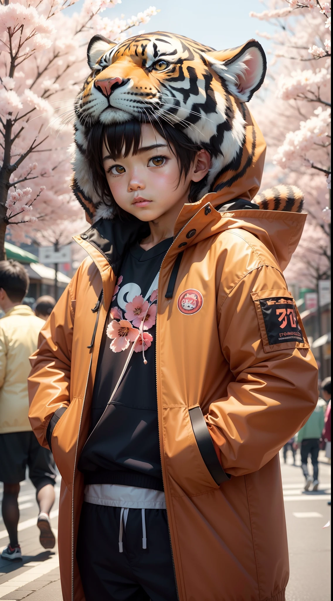 a tiger、The costume、male 、Surrounded by cherry blossoms、parka、kawaii