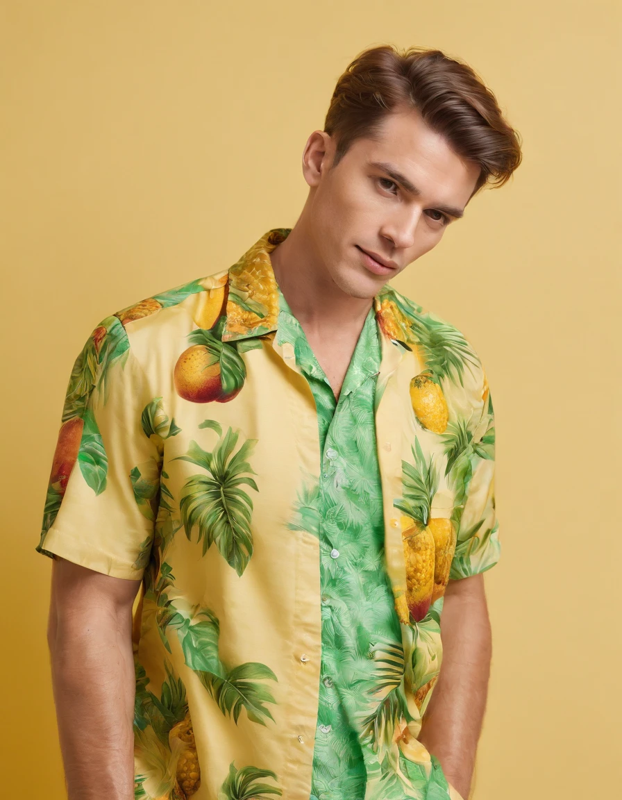 Handsome man wearing tropical fruit shirt on yellow background, cool style, mixed pattern, marble texture, animated GIF, Harlem Renaissance, naturalistic bird portrait, light green and orangutan (medium shot)