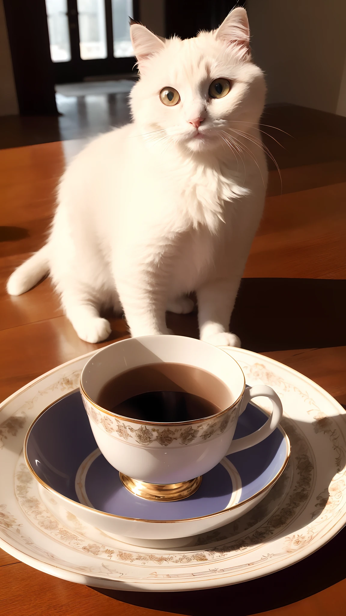 Cat, (Himalayan), (Small)))), in a teacup, Face, Front paws out, 8K, Professional photo, Delicate, Clear, On the table, Inside the house, Sunshine, Light Leak, Masterpiece, ((Pretty))), Fashionable Teacup, (Reality), Plush Toy, Round Pupils