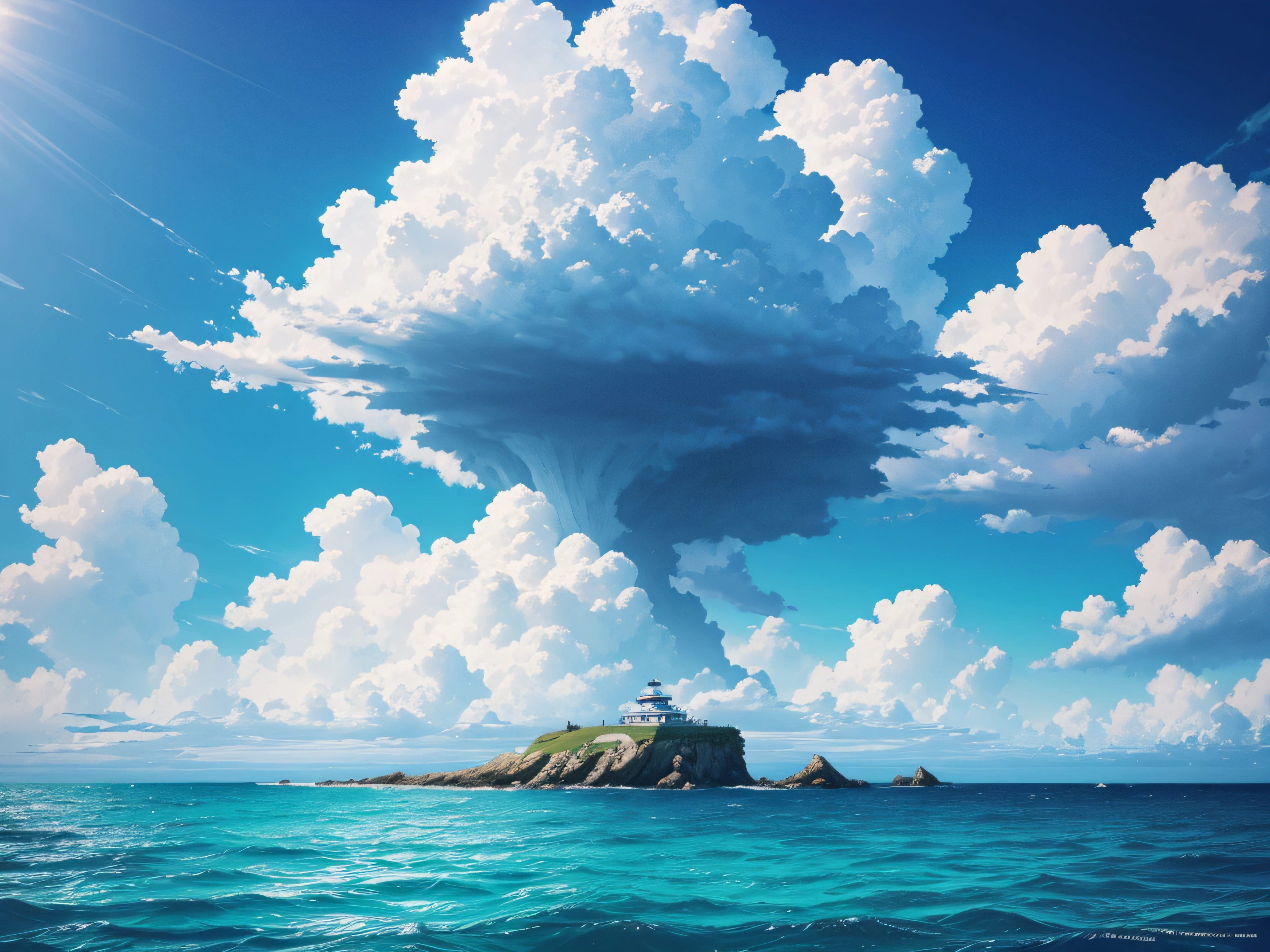 Clouds、Blue sky、strait，A gentle breeze blows the sea，Pure scenery，((No characters:1.5)), Rich Colours:1.2, Bright Colours:1.4, Quiet and idyllic，high definition detail、Ultra-detailed and refined presentation，Cinematic surrealism，Soft light on the background，Deep focus and bokeh effects，Ray tracing and surrealist art style