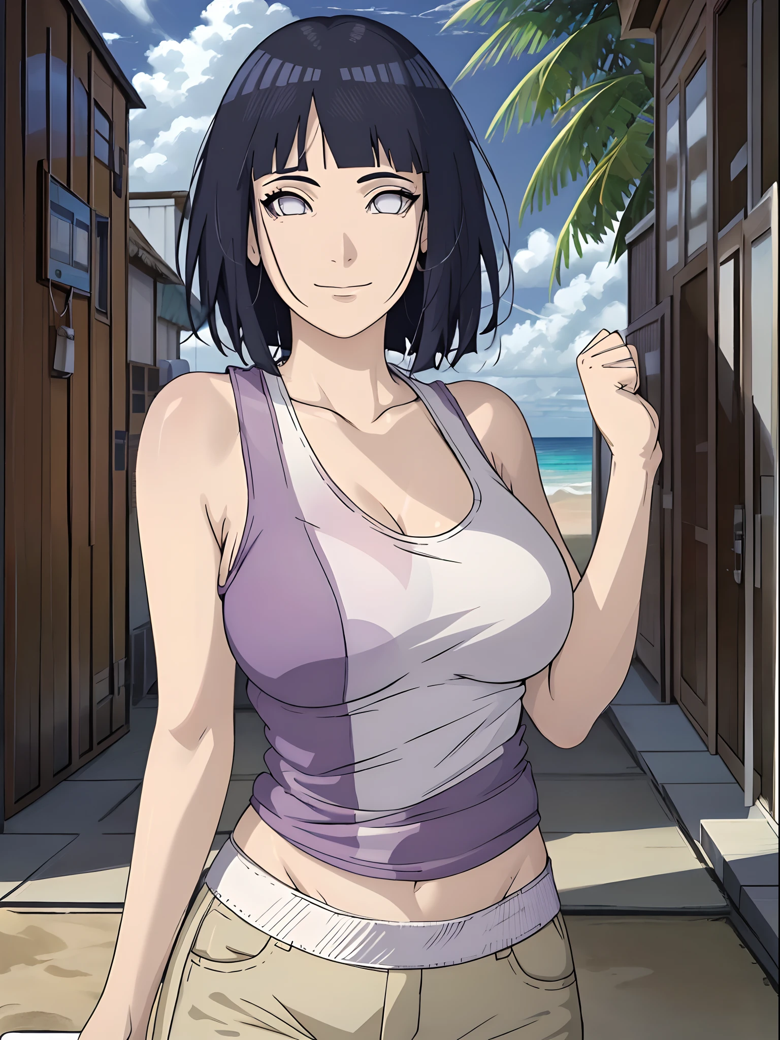 (WALLPAPER, (hinata\(boruto\), (((string bikini))), masterpiece, 4k, vector coloring, whole body shot, (high color saturation), contrast lighting, mature female, (curvy:0.8), solo, anime style, sharp focus, professional artwork, intricate details, colorful, vibrant colors, vivid colors, digital blending, ultra detailed body, ultra detail hair, ultra detail face, trending on pixiv, very hot colors, (((beach background, outdoors))), detailed bold arm lines, high color saturation, bold lines, bold drawing lines),
(((leaning to wall)), (head tilt), closed mouth, kind smile, gentle look),
((dark blue hair color:1.1), wavy hair, ((short hair, hime cut)),
(perfect eyes, white sciera, bright eyes, white eyes, anime eyes, smoky eyeliner, eyeshadow)
(white skin, (fair skin), slender body, milf, perfect face),
(legs, big breasts, off-shoulders, (detailed shoulders, detailed arm lines)),
(bare shoulders, bare legs, (closed fists),