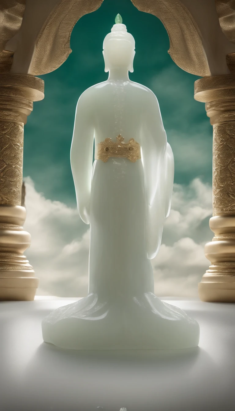 best qualtiy,Masterpiece,Photorealsitic,the detail,super detailing,rendering by octane,lightand shade contrast,A boy with,Solo,closeup cleavage,The whole body occupies half of the picture,((((Meditating)))),Hand pinching the law,(A body made of jade:2),(((Crystal clear body))),(White jade-like skin:2),((((Translucent material representation)))),Extremely perfect material properties,Material reflection,Perfect facial features,Elaborately carved face,Behind it is a huge phantom,A huge magic stage formed by clouds and mist