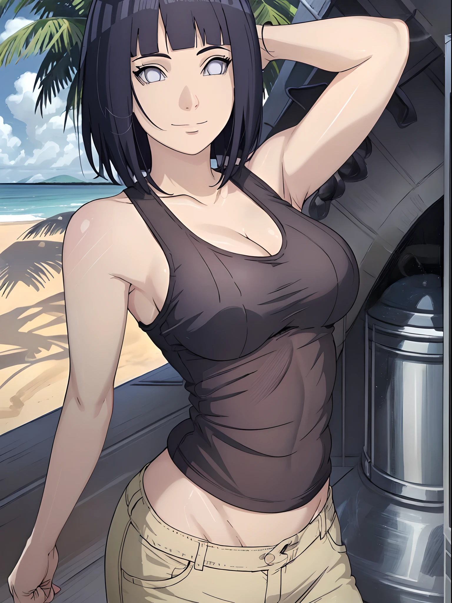 (WALLPAPER, (hinata\(boruto\), white pants, masterpiece, 4k, vector coloring, whole body shot, (high color saturation), contrast lighting, mature female, (curvy:0.8), solo, anime style, sharp focus, professional artwork, intricate details, colorful, vibrant colors, vivid colors, digital blending, ultra detailed body, ultra detail hair, ultra detail face, trending on pixiv, very hot colors, (((beach background, outdoors))), detailed bold arm lines, high color saturation, bold lines, bold drawing lines),
(((dancing, shaking)), (head tilt), closed mouth, kind smile, extremely happy),
((dark blue hair color:1.1), wavy hair, ((short hair, hime cut)),
(perfect eyes, white sciera, bright eyes, white eyes, anime eyes, smoky eyeliner, eyeshadow)
(white skin, (fair skin), slender body, milf, perfect face),
(legs, big breasts, off-shoulders, (detailed shoulders)),
(bare shoulders, bare legs, (closed fists)),
(((white tank top))))