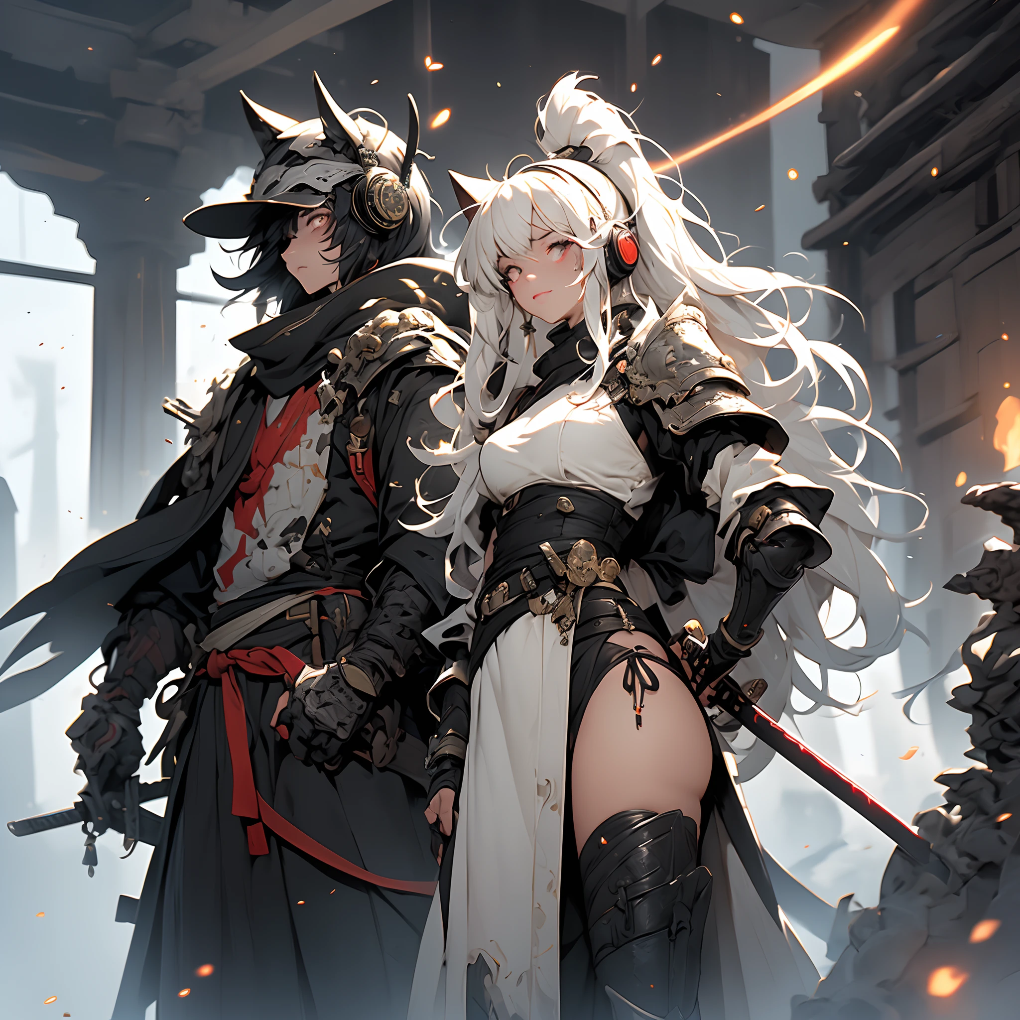 Create an AI illustration of a ridiculous young girl with long hair, hime-cut, White and black hair, two tone color hair, Beautiful detailed hair, Black eyes,cat_Year headphones. She was like a samurai, Standing on the battlefield with a magazine. She wears armor, But pair it with a miniskirt,Black platform shoes show off their unique style. Please generate illustrations in the highest possible quality.Wear a mask,Face occlusion