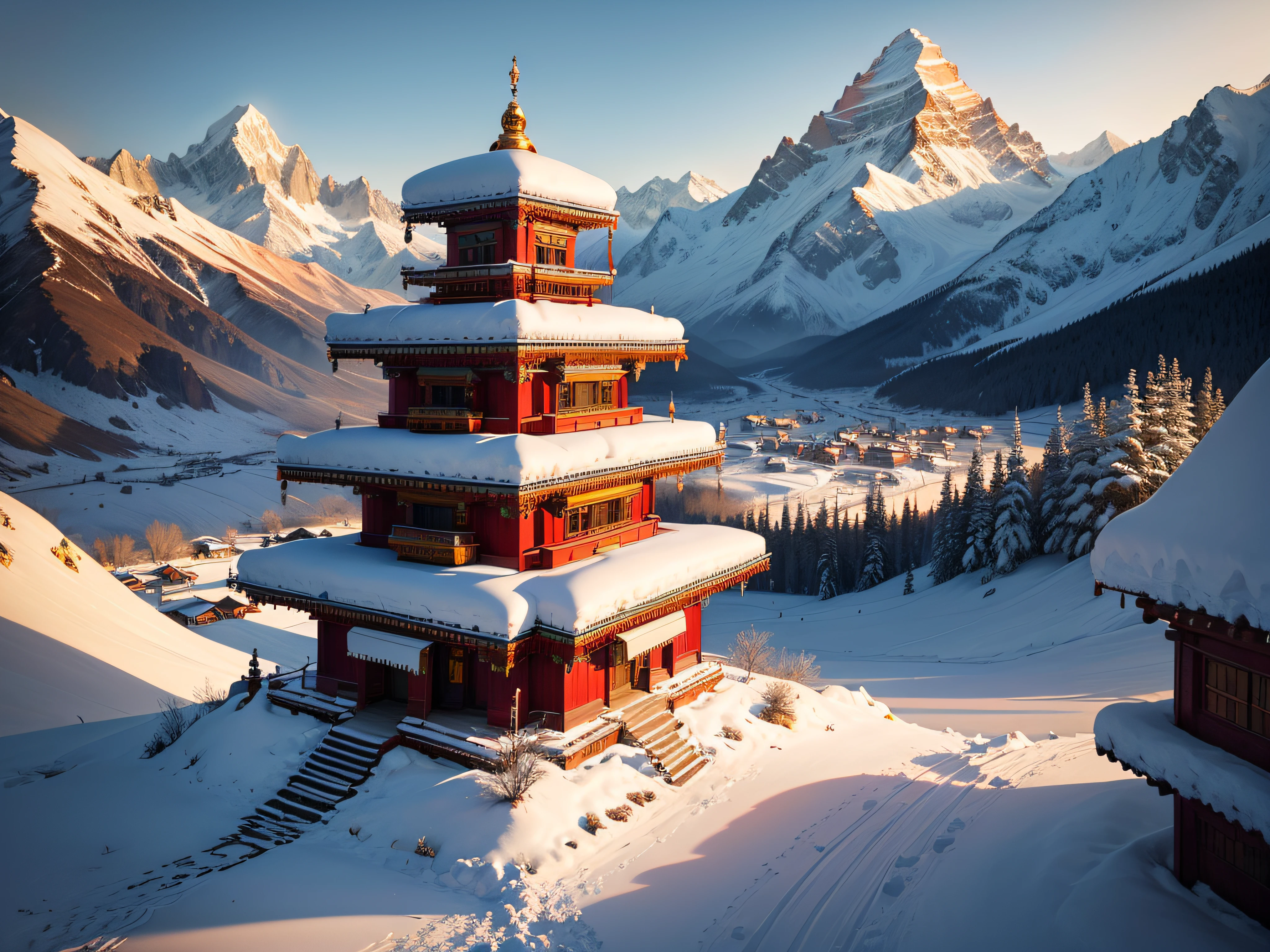 In the peaceful serenity of a snowy Tibetan mountain, a majestic temple stands tall and proud, its colorful prayer flags fluttering in the crisp mountain breeze, creating a vibrant tapestry against the pristine white landscape. Soft golden sunlight filters through the snow-capped peaks, casting a warm glow on the temple's intricate carvings and ornate architecture, captured with an ethereal touch by National Geographic's lens.