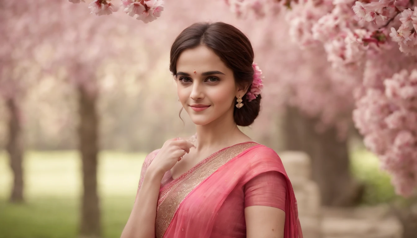 (best quality,4k,8k,highres,masterpiece:1.2),ultra-detailed,(realistic,photorealistic,photo-realistic:1.37),Emma Watson in Indian Pink Saree,cute smile,shyness,extremely detailed face and eyes,beautiful detailed lips,soft and smooth light,detailed hands with long slim fingers,detailed costume with intricate patterns,full body view,traditional Indian garden as the background,vibrant colors,HDR lighting,peaceful ambiance,traditional art style,graceful poses,glimmering sakura petals in the air