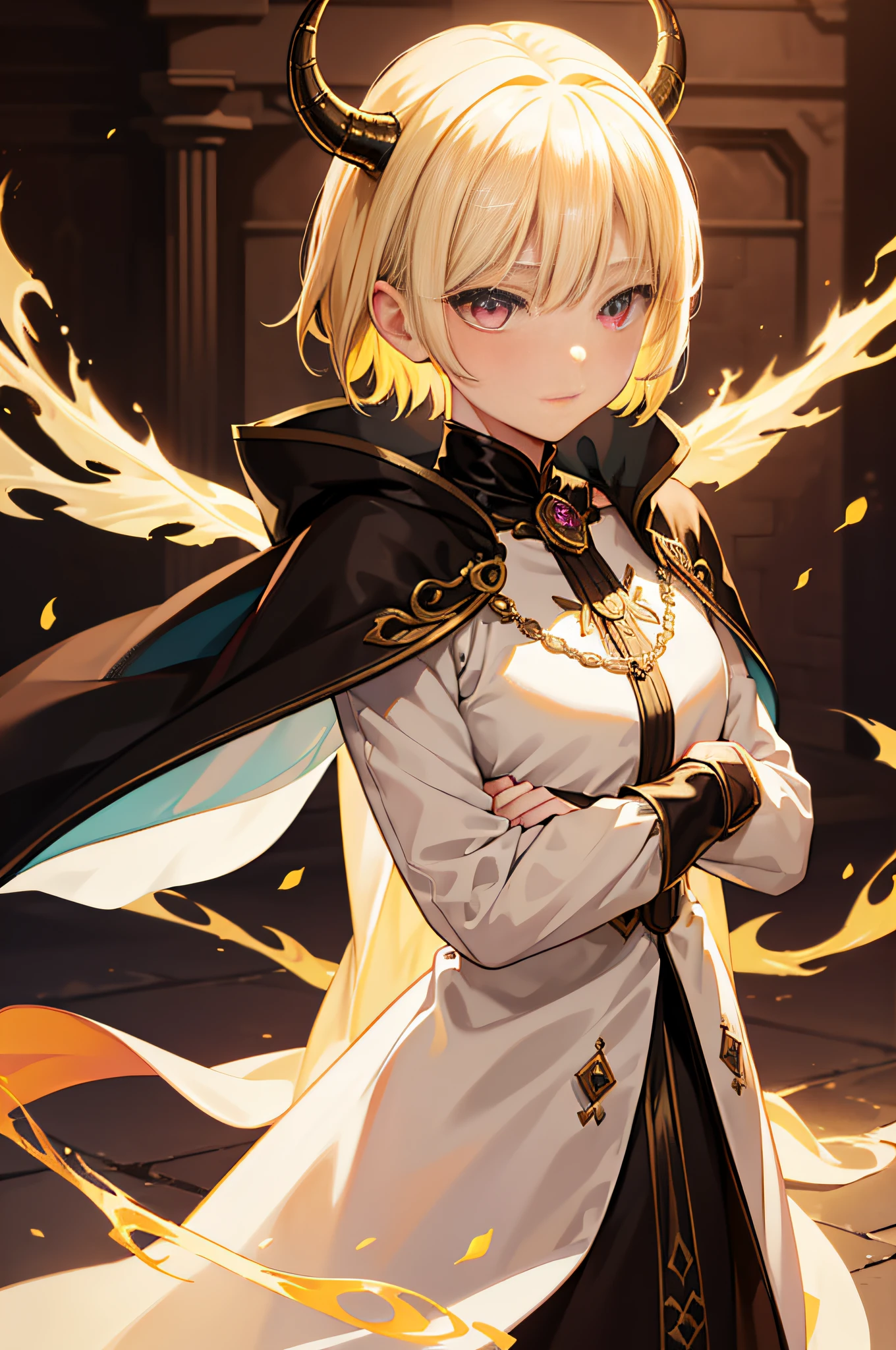 (Girl with dragon horns, Short hair, Light yellow hair), Pink eyes, Shy,Light smile,Reflective, Subtle blush, Black coat, (Best quality, mediating: Oil painting), full bodyesbian, Detailed background, Vibrant colors, Soft lighting, mystical ambiance, Ethereal beauty, Magical elements