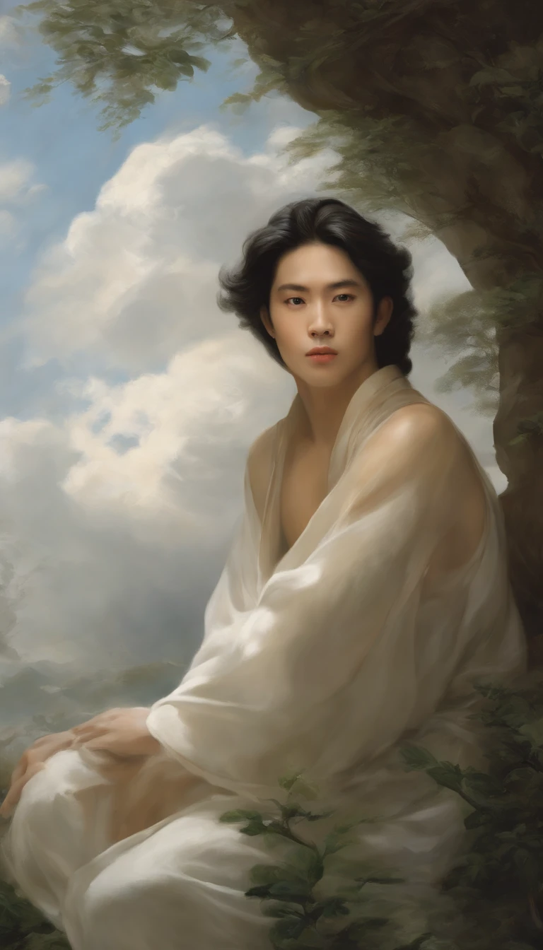 fiction"Cover the sky"The Desolate Sacred Body inside，A boy with，Meditating，Hand pinching the law，Hetian jade-like body，Crystal clear body，White jade-like skin，Perfect facial features，Meticulously carved face，Behind it is a huge phantom figure，The sky is cloudy，