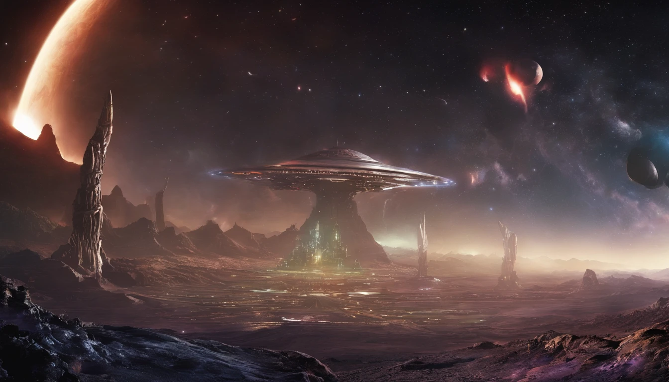 ((Masterpiece))，(Best quality))，Magnificent space image scene，heavenly body，Interstellar，Huge star gates，（（（Huge starship））），Spaceship，Shining starry sky，8K，super-fine，high qulity