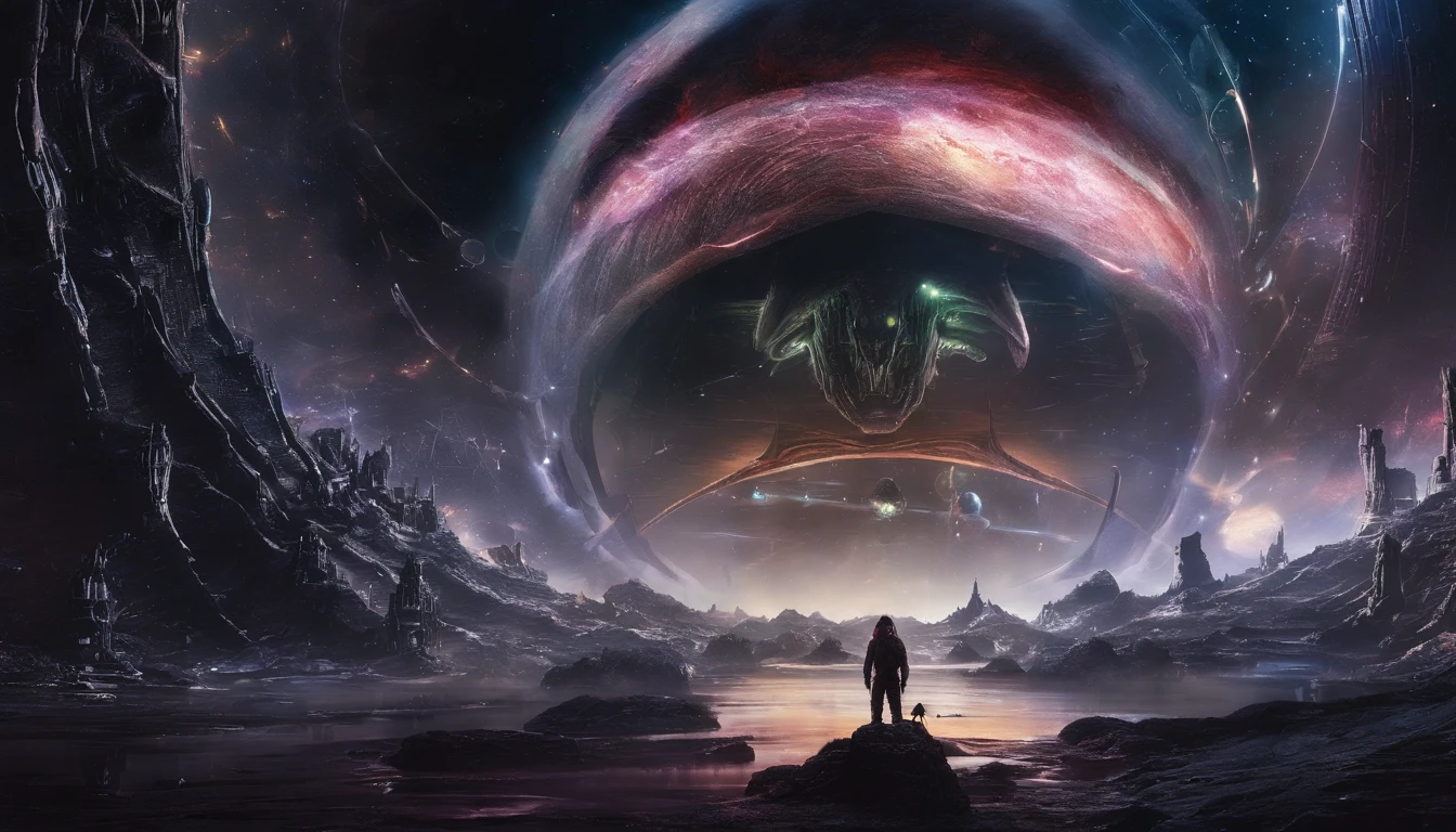 ((Masterpiece)),(Best quality)),Magnificent space image scene,heavenly body,Interstellar,Huge star gates,(((Huge starship))),Spaceship,Shining starry sky,8K,super-fine,high qulity