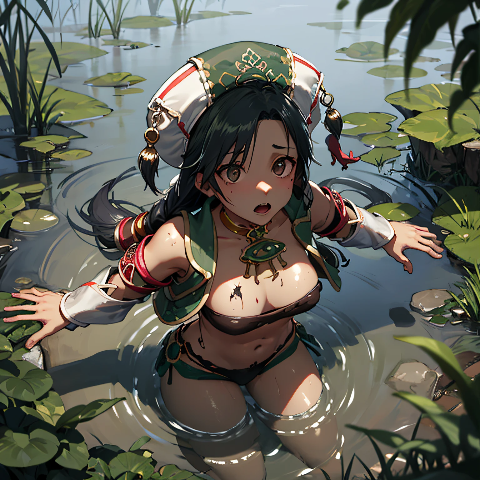 talim, dark skin, hat, arabian clothes, bandeau, jewelry, from above,  stomach, close up, face, surprised, shocked, open mouth, shock,tand by herself in a pond of mud, swamp,sunk to the breast, thick dull mud, sinking in the mud, drowns in the swamp, muddy ground, thick, opaque mud, marshy terrain, thick fog,sunk to the breast, thick dull mud, arms immersed in mud, sinking in the mud, muddy ground, thick, opaque mud, marshy terrain, thick fog, sinking