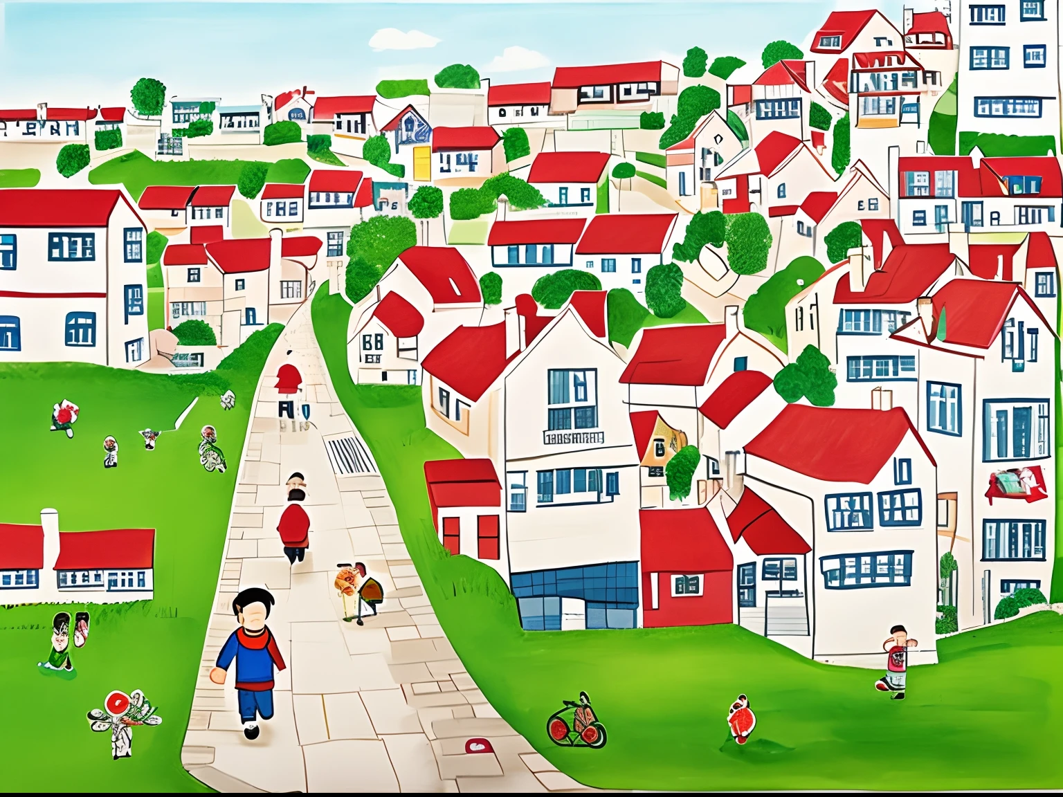 Draw a countryside with many buildings，The child runs on the path with a kite inspired by Wu Guanzhong and the character is inspired by Jimmy