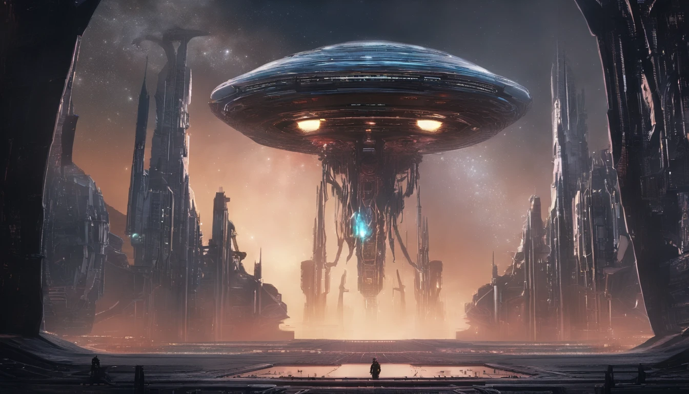 ((Masterpiece)),(Best quality)),Magnificent space image scene,heavenly body,Interstellar,Huge star gates,(((Huge starship))),Spaceship,Shining starry sky,8K,super-fine,high qulity