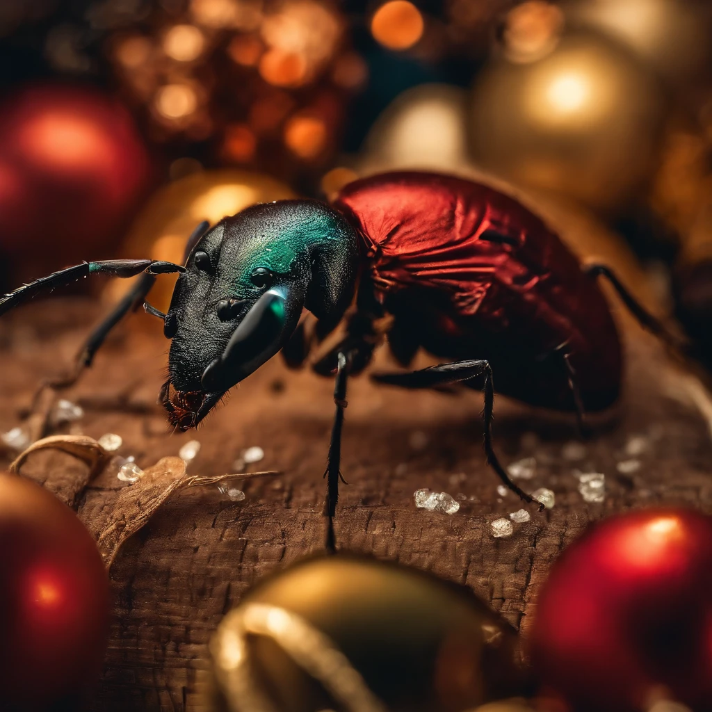 an ant surrounded with many gifts in shiny Christmas with colorful light