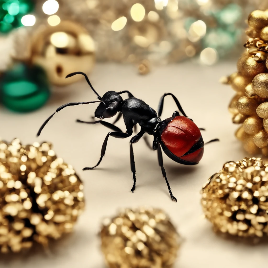 an ant surrounded with many gifts in shiny Christmas with colorful light