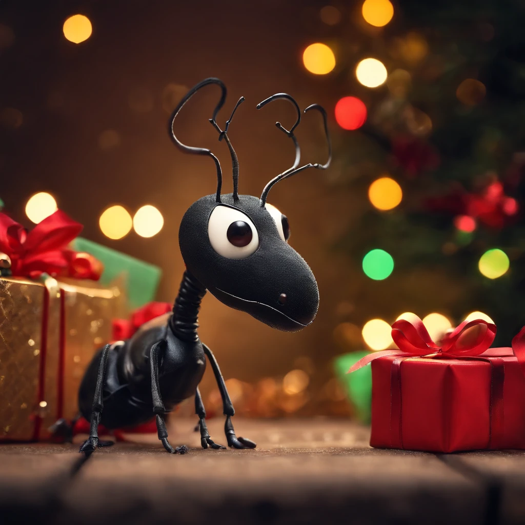 an ant surrounded with many gifts in shiny Christmas with colorful light