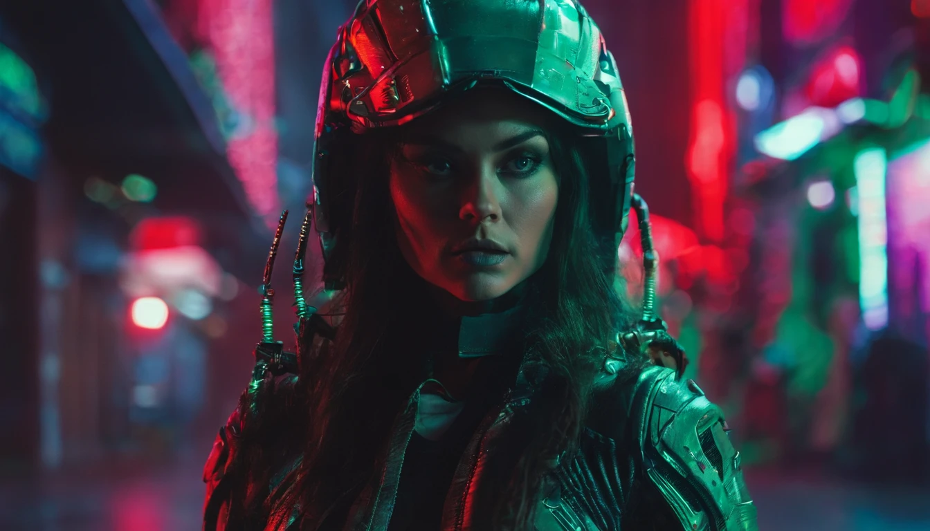 Beautiful girl small breasts, Wearing a rugged jacket, Long hair, Robotic arm in cyberpunk night scene, Cyberpunk red green background