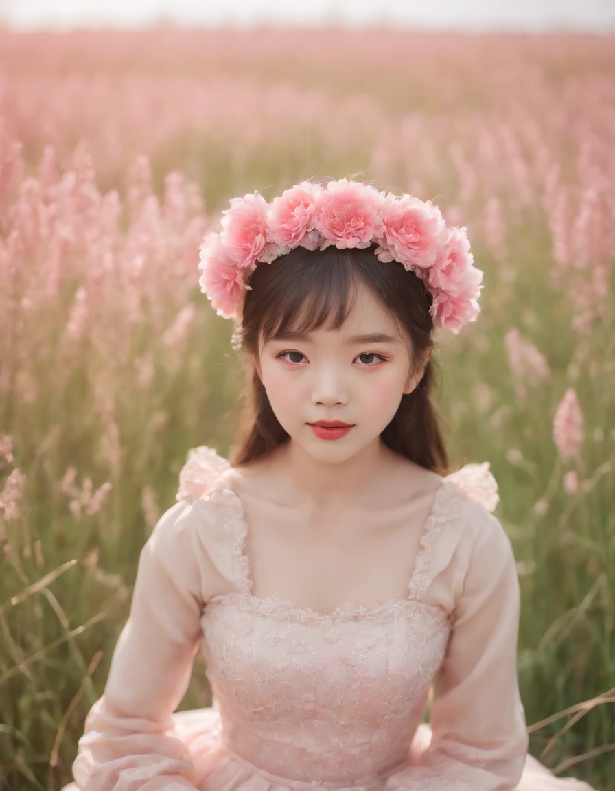 Asian children's style, kawaii aesthetic style, neopop grass, pink princess dress, fujifilm pro 400h ,flowers on nose and smell, blushing, fair skin, happy, fashionable clothes, bright colors, (color photo) ((surreal)) helios 44-2 58mm f/2, Asian style, soft but vibrant (medium close-up), soft light, facial focus