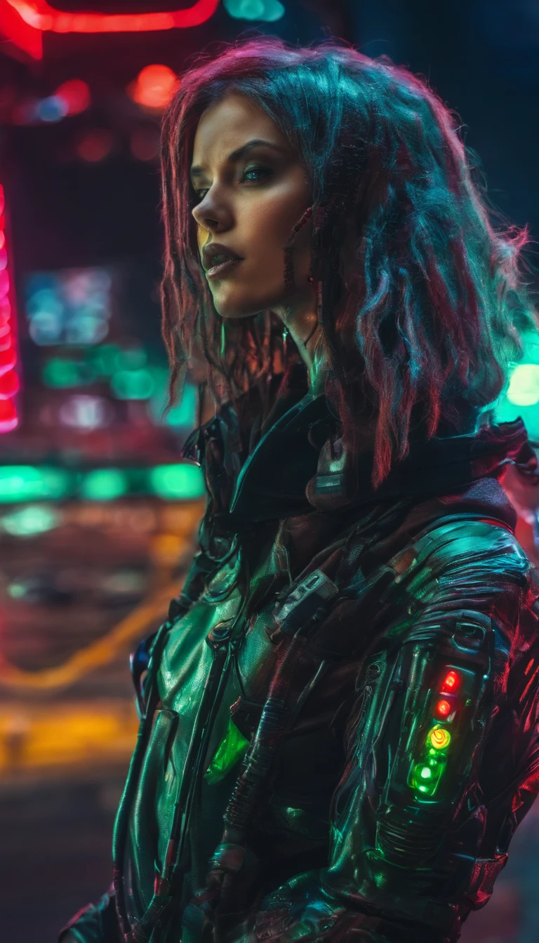 Beautiful girl small breasts, Wearing a rugged jacket, Long hair, Robotic arm in cyberpunk night scene, Cyberpunk red green background