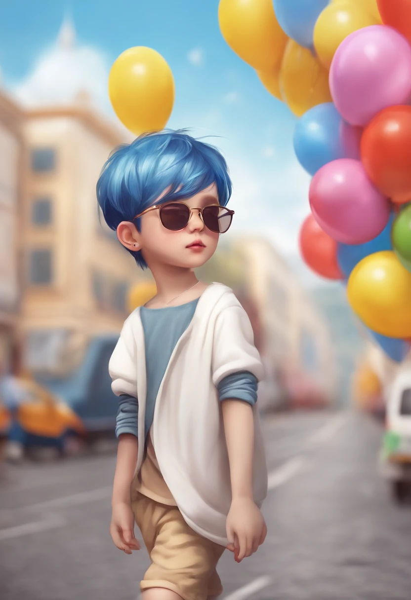 boy, beautiful and cute, wearing blue sunglasses, yellow jacket, white sweatshirt, lots of colorful balloons, baby face, chibi style, red and blue two-color hair, perfect detail eyes, delicate face, perfect CG, HD picture quality, colorful balloons, sky, a white truck parked in front of a building, --auto --s2