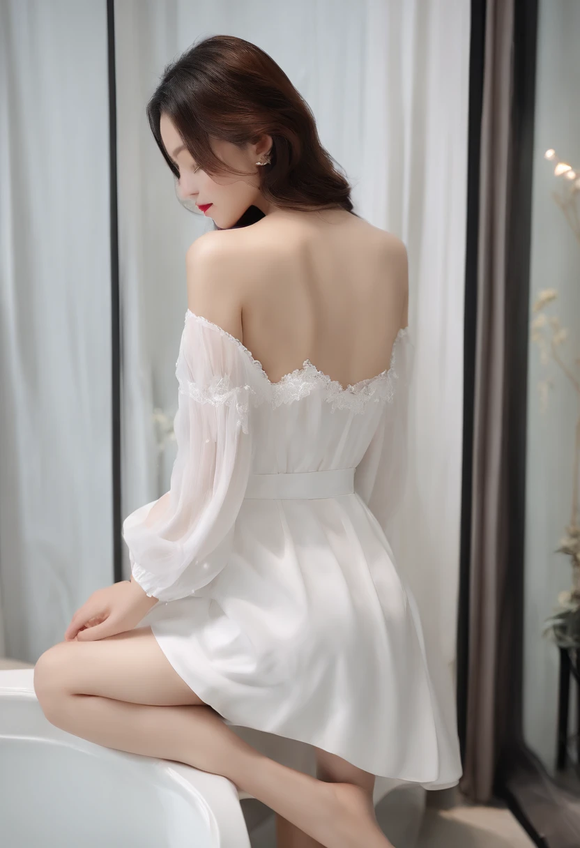 ((top-quality、8K、​masterpiece:1.3))、Super delicate face、Super delicate eyes、Korean Girl、bath room、large full breasts、Pores are visible、shinny skin、glossy dark hair、eye line、Black casual dress、clong legs、Mole on the face、I'm smiling、full bodyesbian、on the beds、Put on a collar