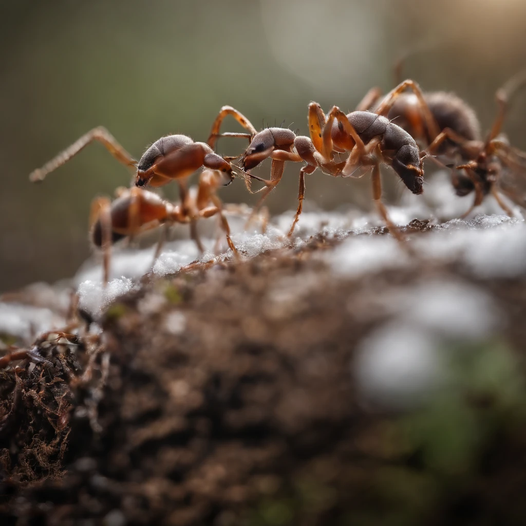 a row of ants in the snowy forest
