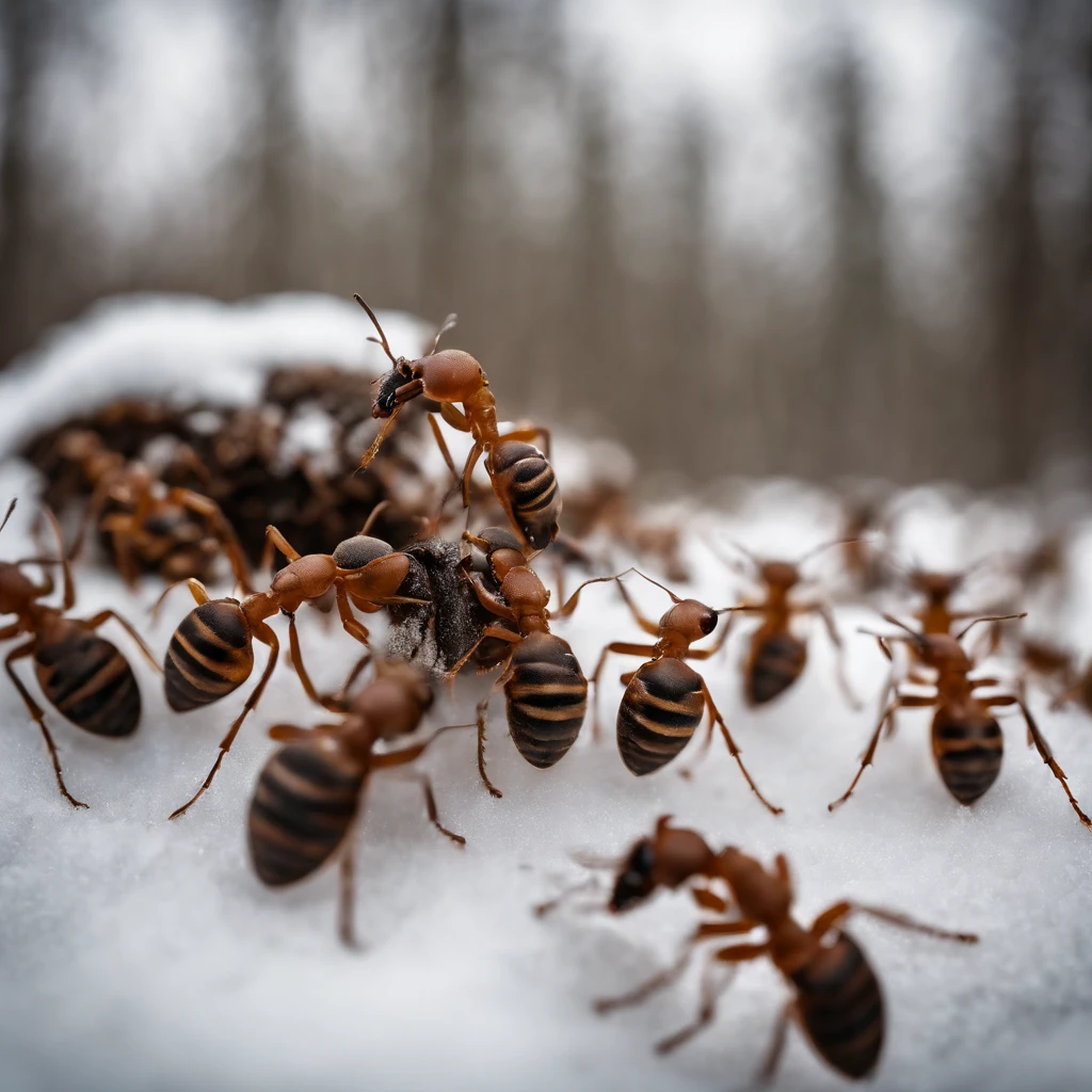 a row of ants in the snowy forest