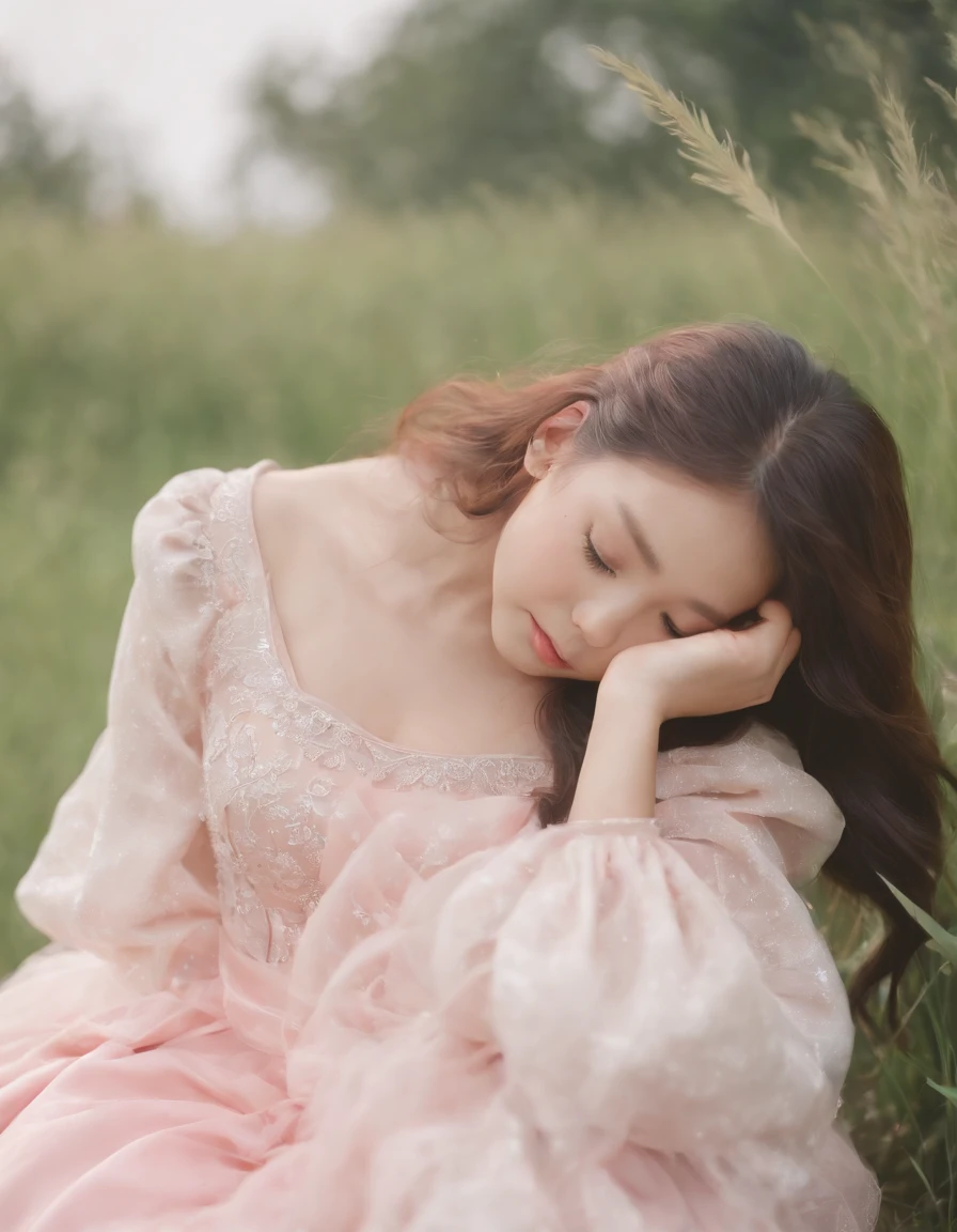 Asian 's style, kawaii aesthetic style, neopop grass, pink princess dress, fujifilm pro 400h, blushing, fair skin, happy, stylish clothes, bright colors, (color photo) ((surreal)) Asian style, Soft but vibrant (medium close-up), soft light, face in focus
