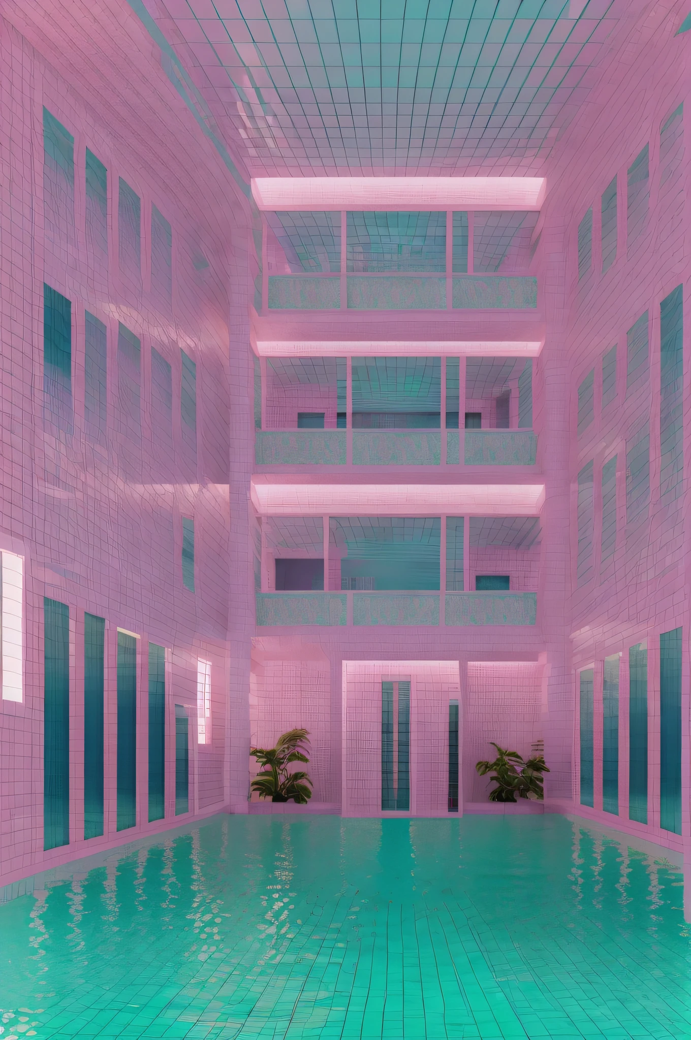 There is a pool with benches and windows, Vaporwave lighting style, The aesthetics of vaporwave, Vaporwave Lighting, The aesthetics of vaporwave, Linear vaporwave, pink water in a large bath, The aesthetics of Vaporwave Mall, Vaporwave Mansion, Vaporwave wallpaper environment, Vaporwave Style, Aesthetics of liminal space, Vaporwave Light