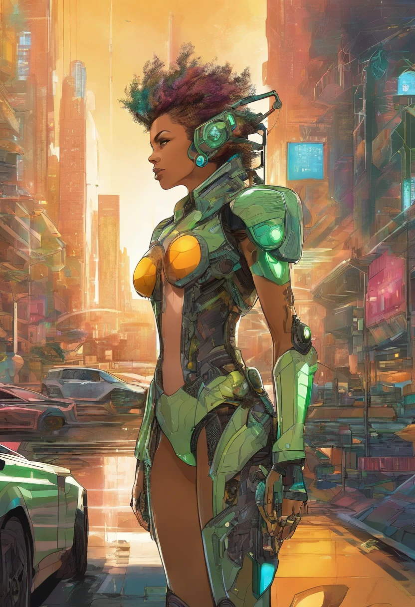 Generate an image of a solarpunk-inspired eco-street guardian knight in a lush, vibrant metropolis. The guardian is a strong and determined woman from the Mohawk tribe, wearing futuristic, lightweight solar-powered full-body armor with a golden sheen. Her armor incorporates elements reminiscent of a 1900s policeman's uniform while still maintaining its solarpunk design. A star-shaped crest is visible on her chest. Her face is uncovered, radiating determination as she patrols the eco-friendly streets. The cityscape around her is a thriving, green paradise, with advanced solar technology seamlessly integrated into the architecture. This guardian symbolizes sustainability and protection in this utopian urban setting while proudly representing her Mohawk heritage with a touch of historical flair.