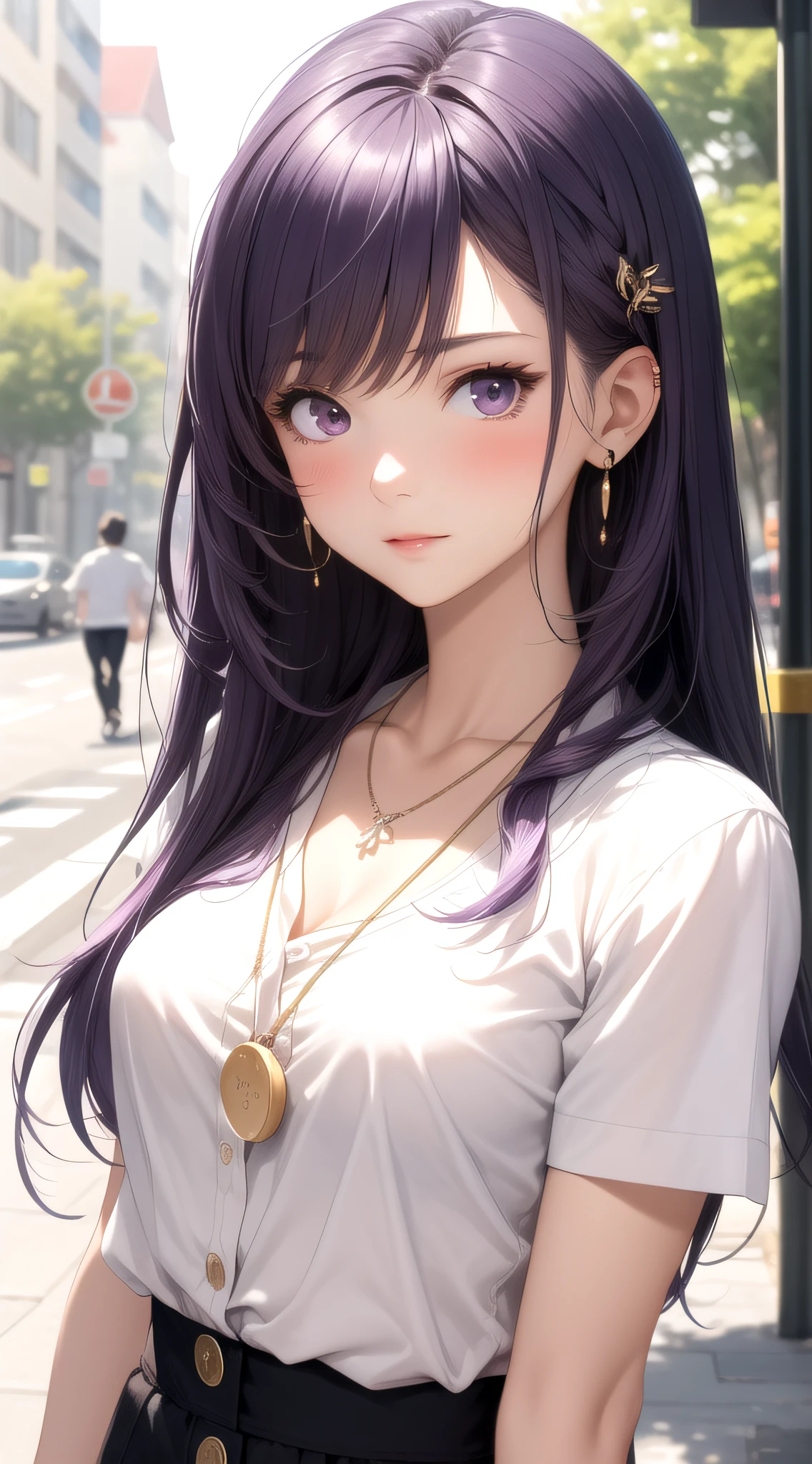 (masterpiece, best quality), intricate details, 1girl, light purple hair, medium breasts, (white shirt with button:1.1), hairpin, necklace, blush, sidewalk, detailed face, (portrait:1.4)