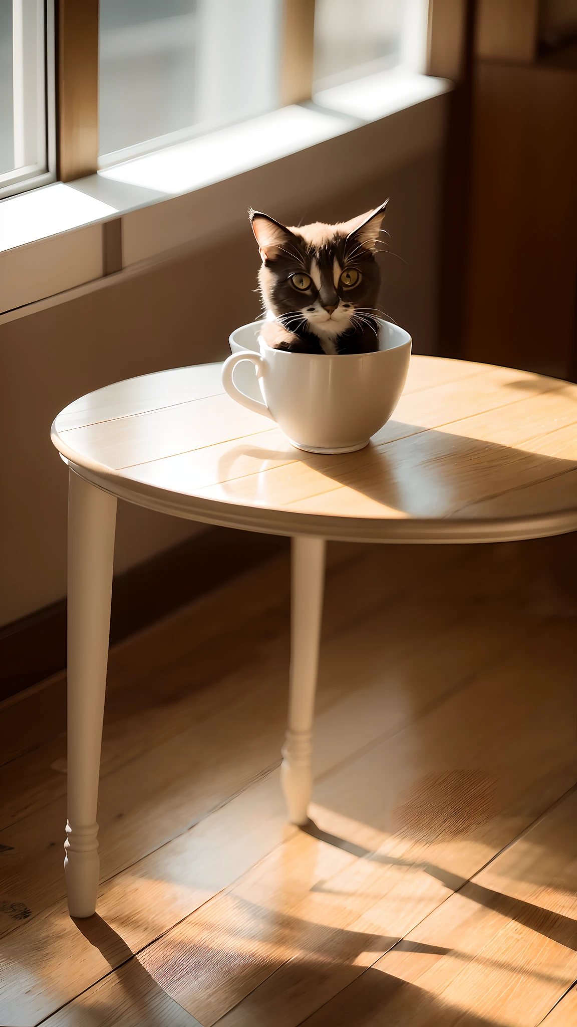 Cat, (Himalayan), (Small)))), in a teacup, Face, Front paws out, 8K, Professional photo, Delicate, Clear, On the table, Inside the house, Sunshine, Light Leak, Masterpiece, ((Pretty))), Fashionable Teacup, (Reality), Plush Toy, Round Pupils